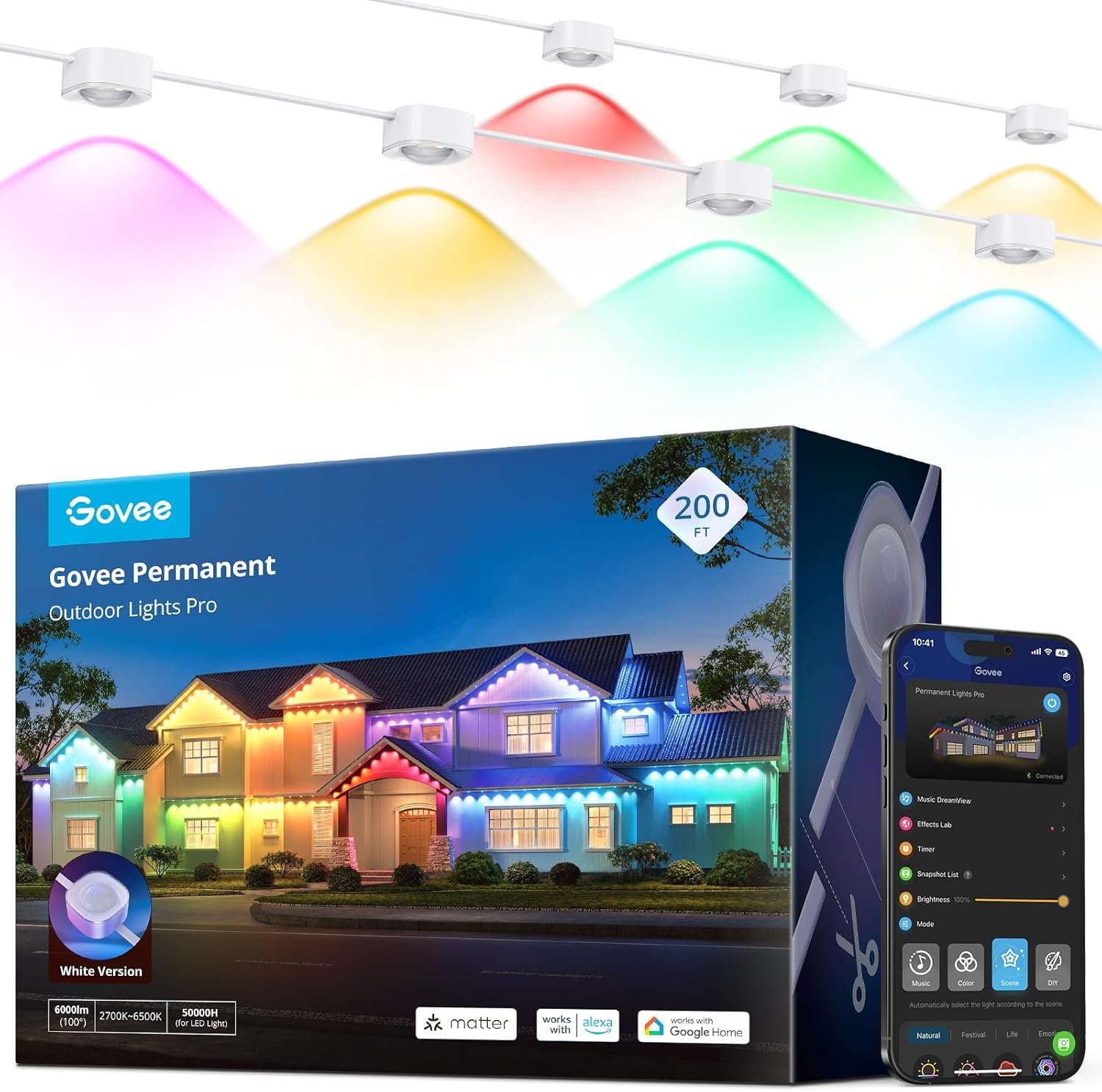 Govee Permanent Outdoor Lights Pro, 200ft with 120 RGBIC LED Lights for Daily and Accent Lighting, 75 Scene Modes for Patio Decor, IP67 Waterproof, Works with Alexa, Google Assistant, Matter, White