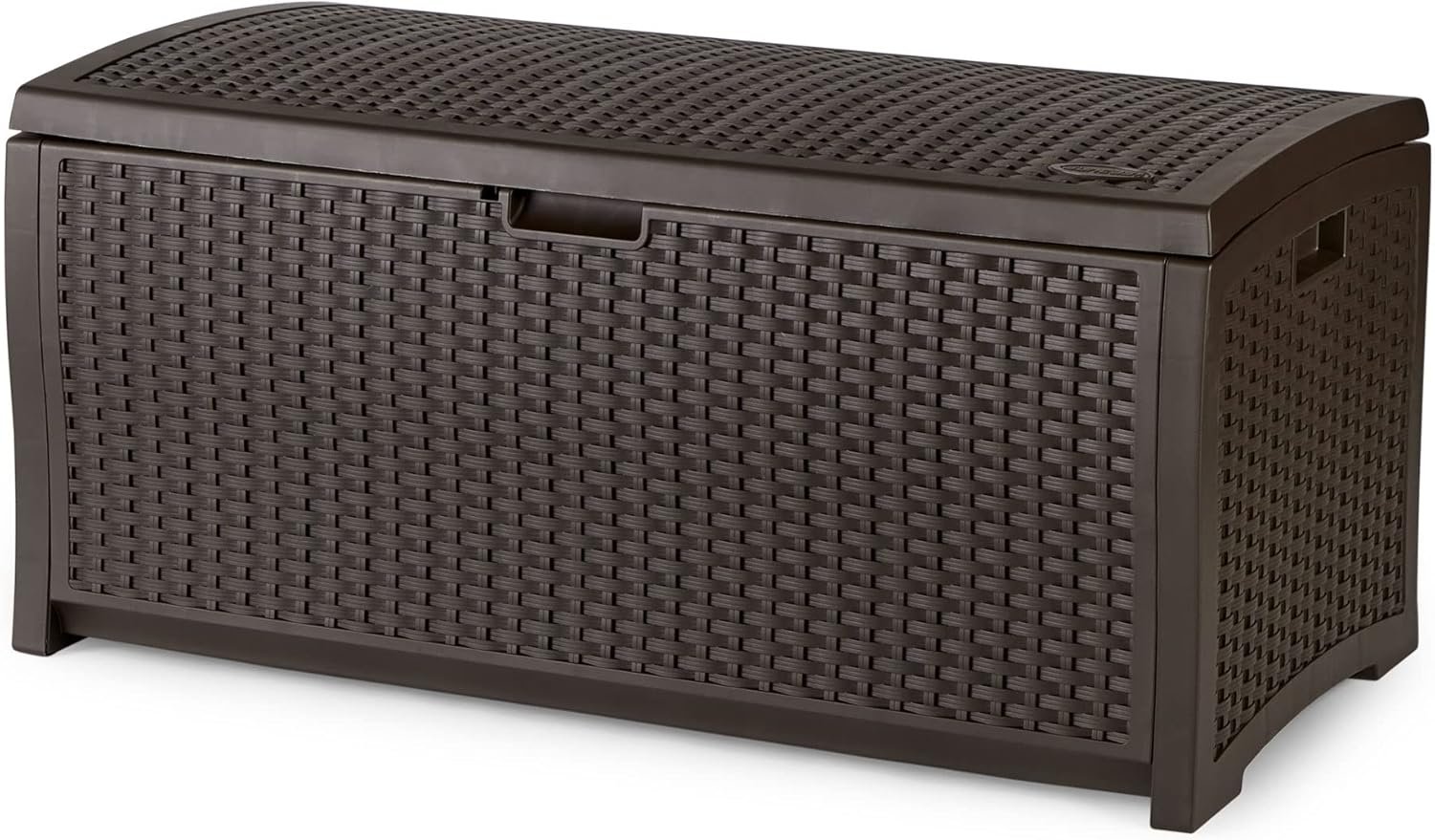 Suncast Outdoor Storage Box – 73 Gallon Mocha Brown Deck Box for Patio, weather-resistant Outdoor Storage Bench, Resin Wicker Style, Heavy-Duty, Lockable Lid for Cushions, Shoes, Pool & Garden Gear