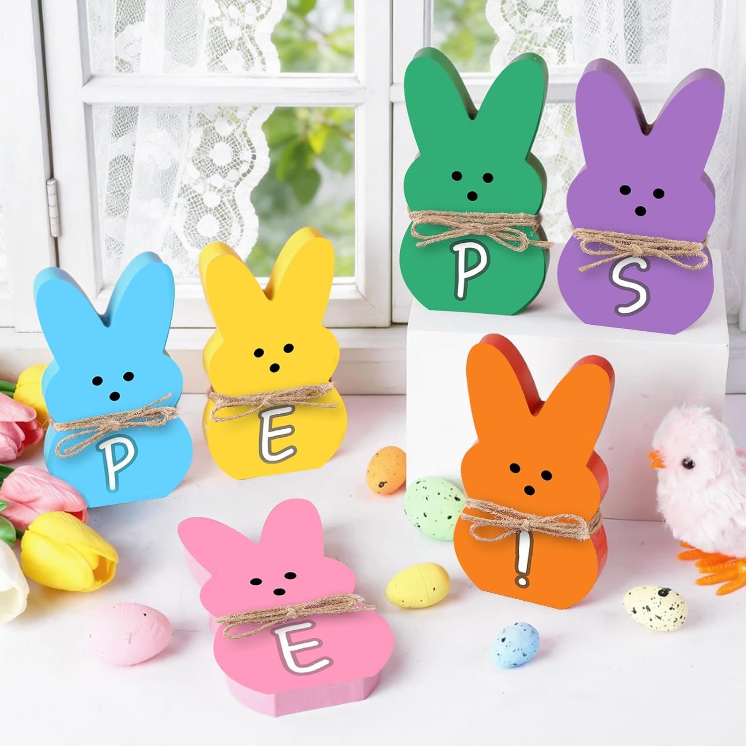 DIYDEC Easter Decorations for Home 6 Pcs Easter Bunny Table Decor Wooden Rabbit Table Signs with Jute Rope Freestanding Rabbit Decoration for Tiered Tray Mantel Shelf Office Easter Party Supplies