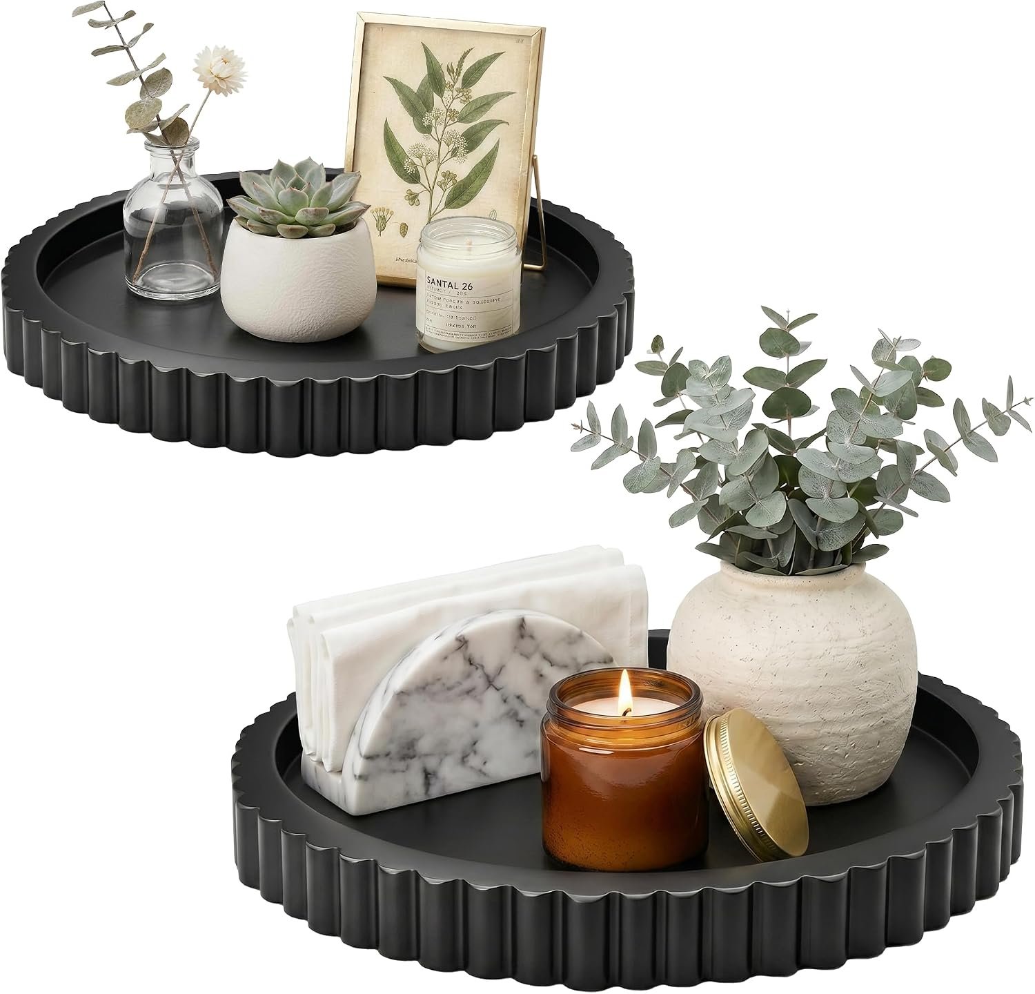 FGU 2 Pack Round Wood Decorative Trays for Coffee Table Home Decor, Black | 11.4″ & 10″ Scalloped Tray Set for Candles, Dining Table Centerpieces, Ottomans, Kitchen Counter, Living Room Table