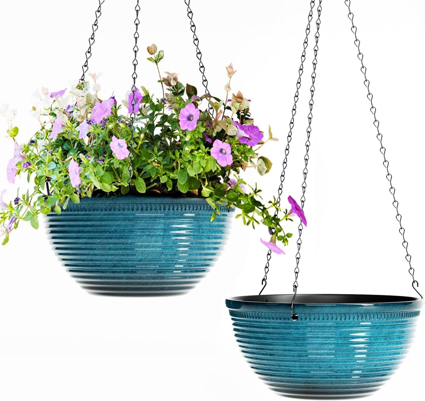 Vanslogreen 2 Pack Hanging Planters for Indoor Outdoor Plants, 10 Inch Hanging Planter with Drainage Hole & Plug Glazed Hanging Baskets Flower Pots for Garden Home (Blue)