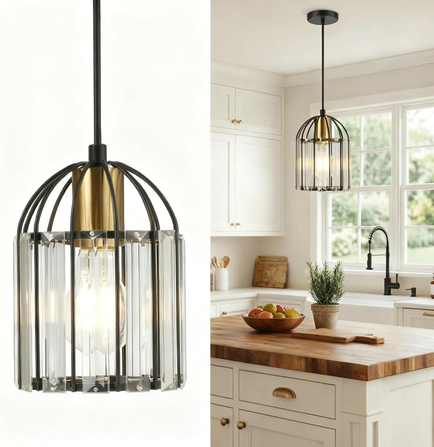 TALOYA Pendant Lights Kitchen Island Black, Crystal Pendant Light Modern for Dining Room, Height Adjustable Chandelier Hanging Island Light Fixtures for Kitchen Hallway(Bulb Not Included)