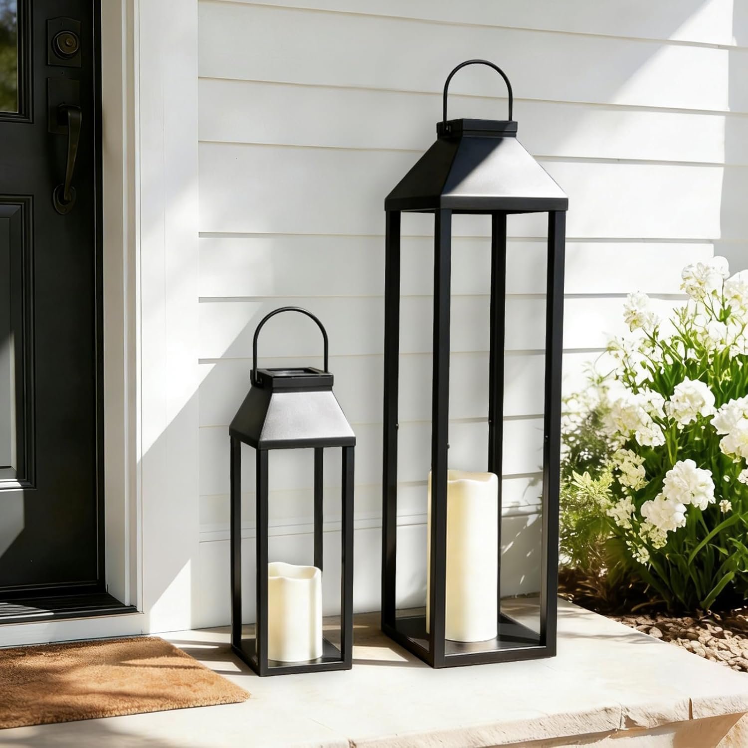 Large Outdoor Solar Lanterns Waterproof, Tall Farmhouse Black Metal Decorative Lanterns Solar Lights Outdoor for Front Porch Decor Outdoor Patio, Garden, Balcony, Porch, 27.6″,16.3″-Set of 2