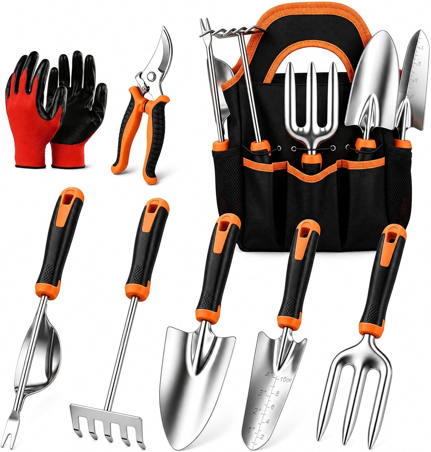 Joyfair Gardening Tools, 8 Pcs Stainless Steel Heavy Duty Garden Tool Set | 1.35MM Thickness, Rust-Proof & Easy Clean, Less Prone to Breakage, Ergonomic Contoured Grip, Suitable for Garden Weeding Work