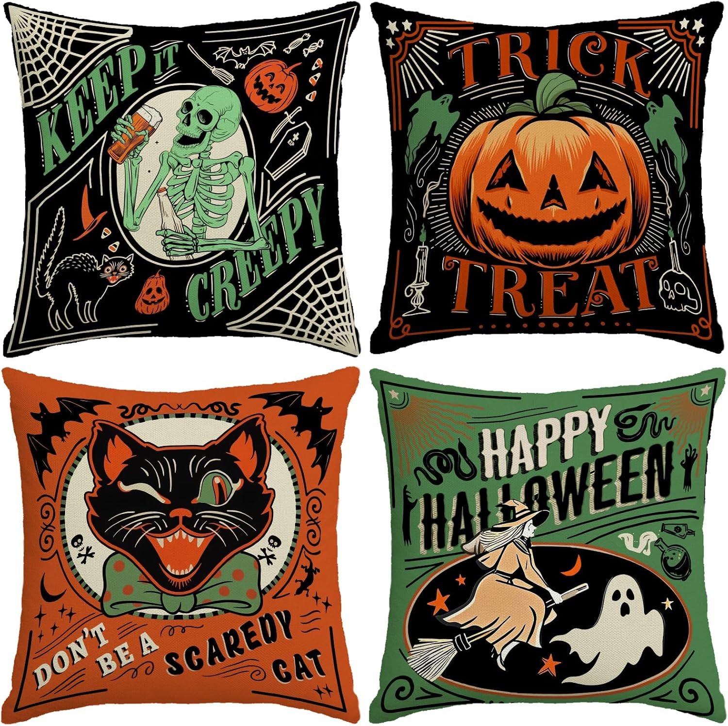 Halloween Decor Pillow Covers 18×18 Inch,Set of 4 Fall Decoration Indoor Outdoor Throw Pillow Covers, Keep It Creepy Ghost Black Green Linen Cushion Case for Home Sofa Couch Bedroom Chair