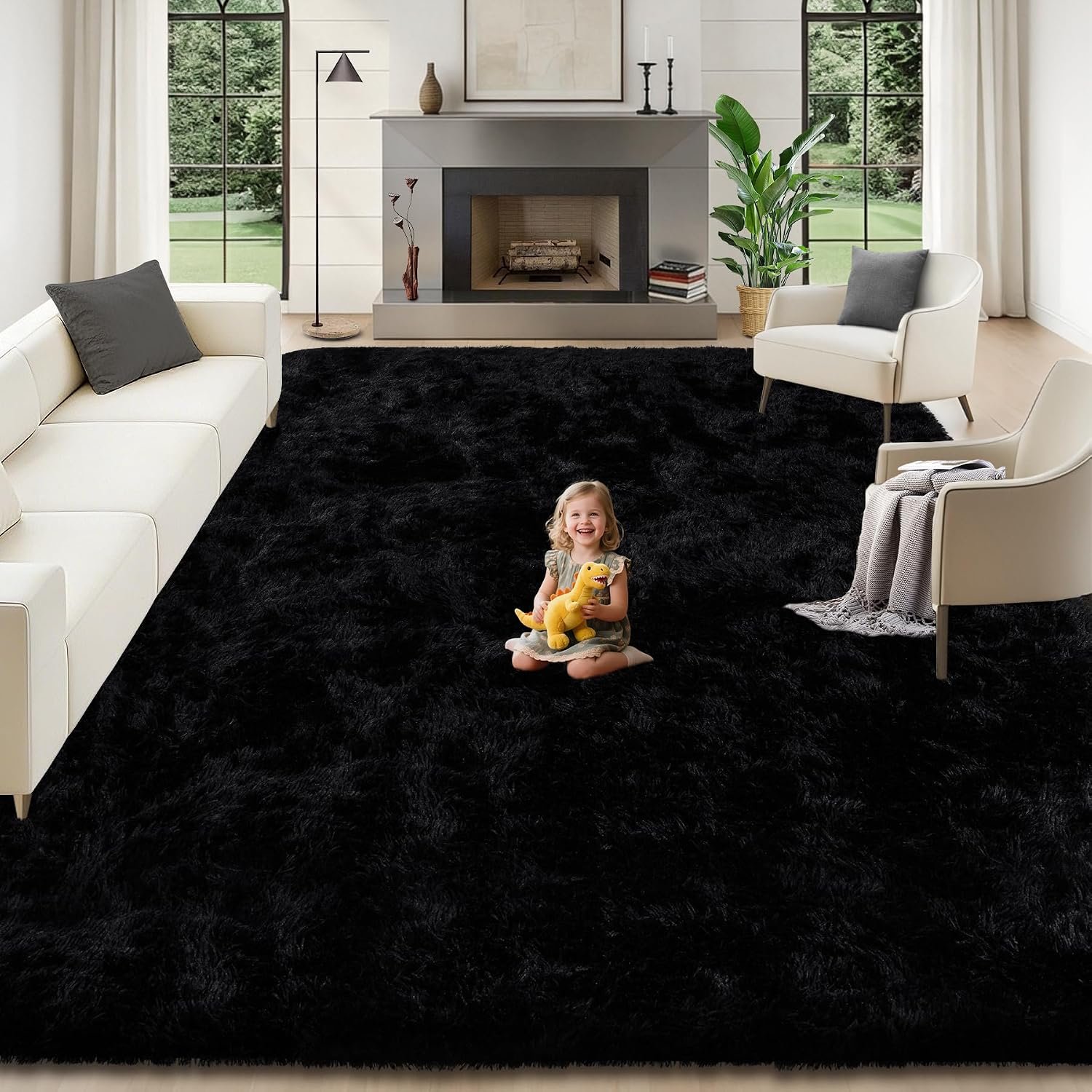 8×10 Area Rugs for Living Room: Soft Black Fluffy Rug Shag Washable Rug Plush Fuzzy Indoor Carpet for Bedroom Nursery Playroom Girls Boys Kids Room (Black, 8’x10′)