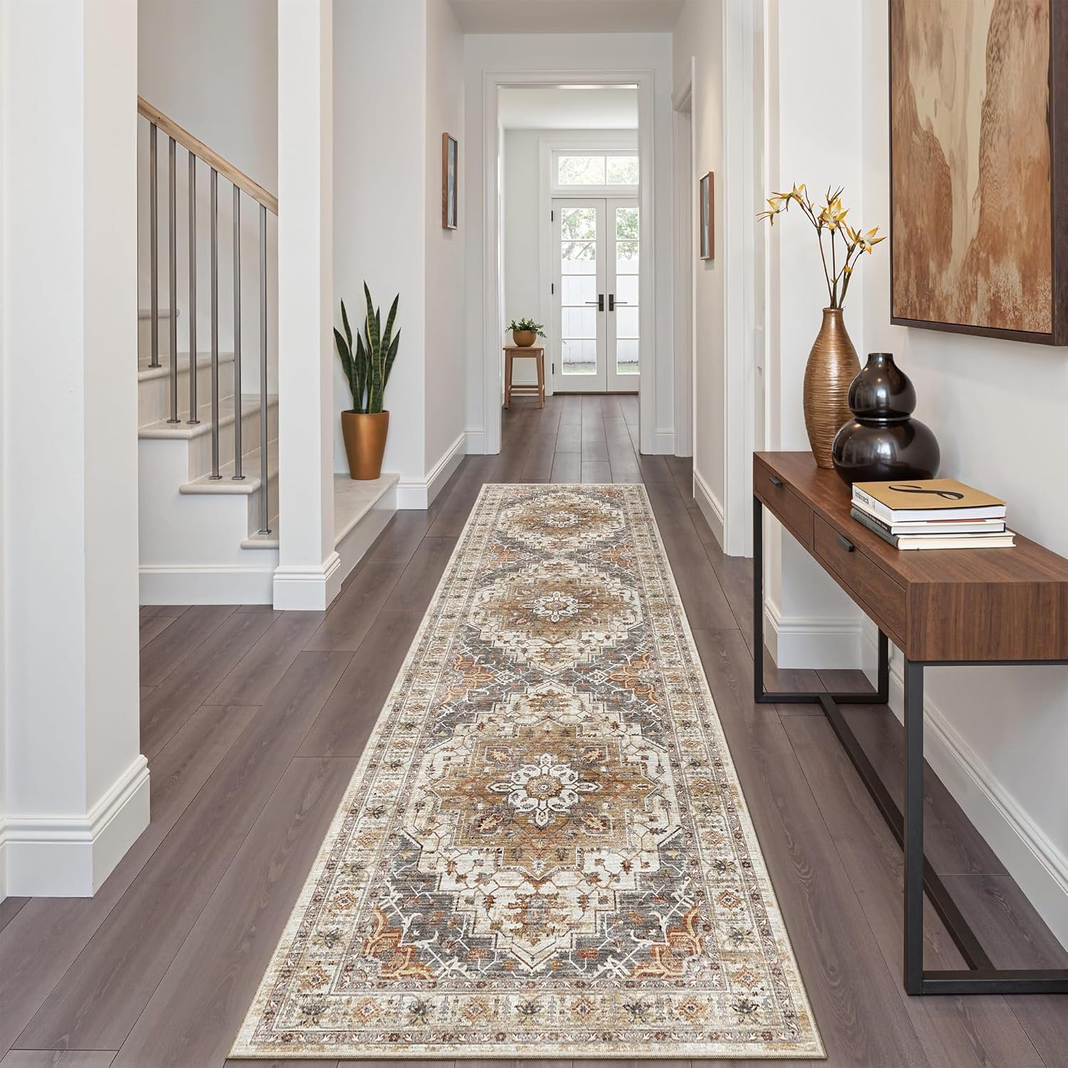 Madane Runner Rug 2×8, Washable Hallway Runner Rugs, Non-Slip Low-Pile Soft Kitchen Rug Runner Laundry Room Rug, Vintage Throw Entry Foyer Mat for Entrance Living Room (Turmeric/Grey, 2 x 8)