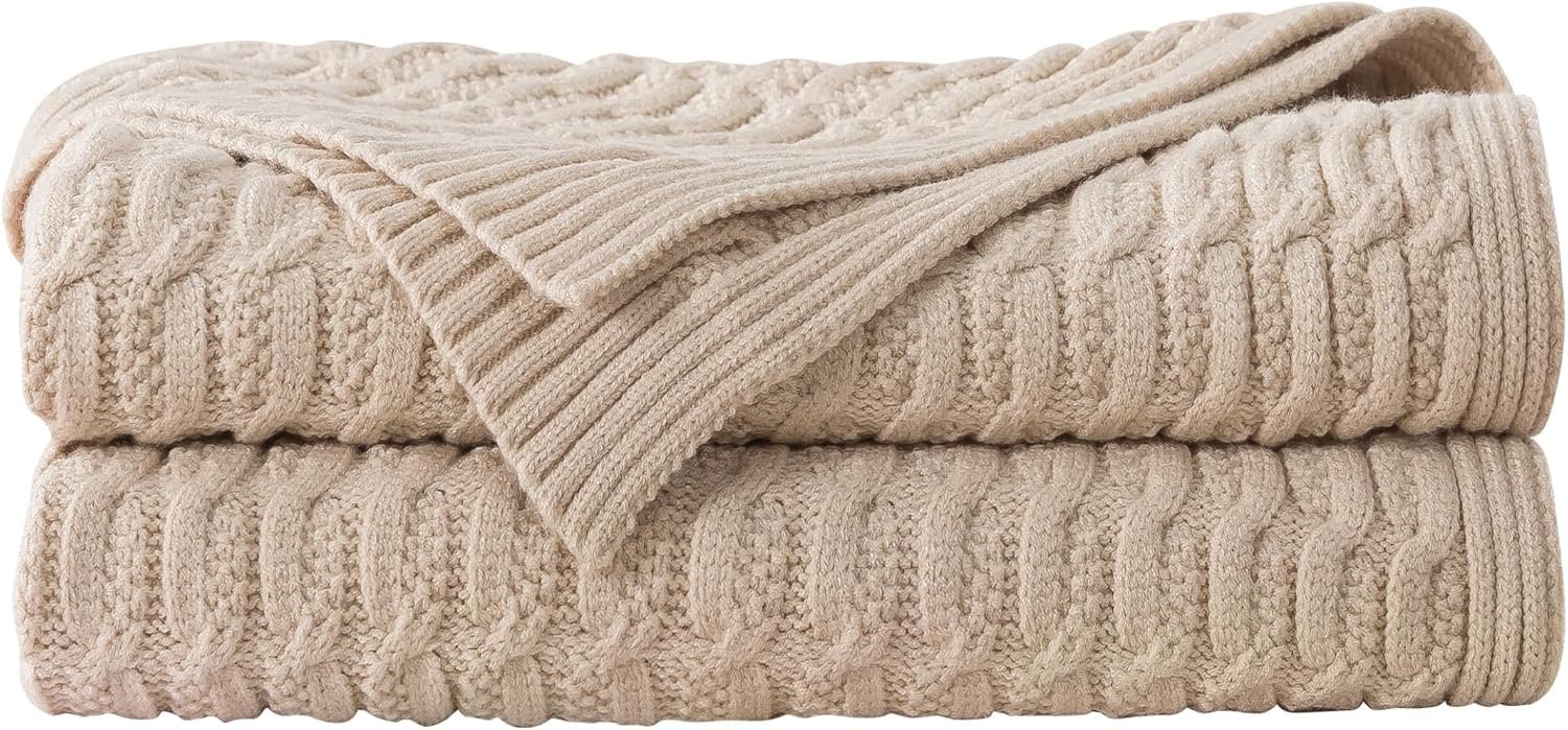WDCOZY Cable Knit Throw Blanket – Super Soft, Warm & Lightweight Knitted Jacquard Throw Blanket for Couch, Sofa, Bed, Chair, Cozy Texture Farmhouse Decorative Home Blanket, Beige 50×60 inches