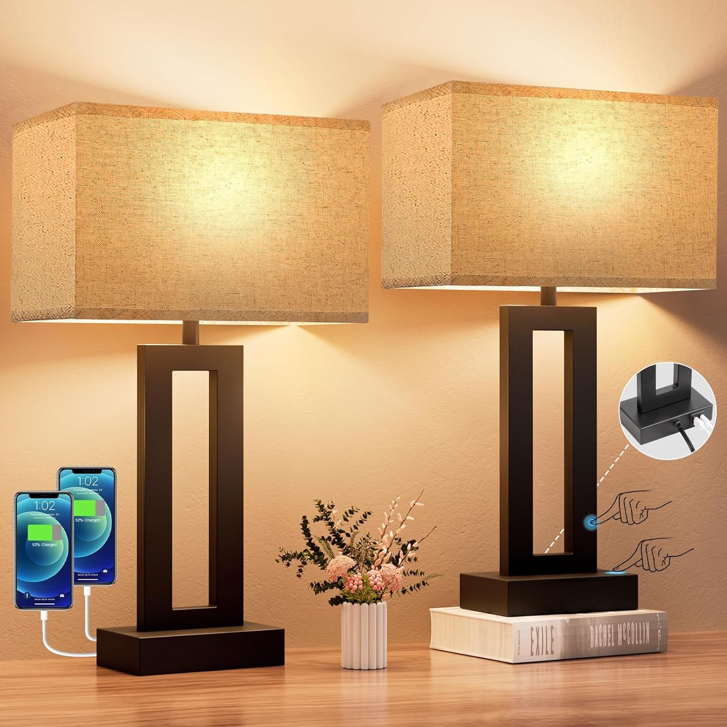 Seealle Bedroom Lamps for Night Stands – Touch Control, 3 Way Dimmable, USB C+A Charging, LED Bulbs, Easy Assembly