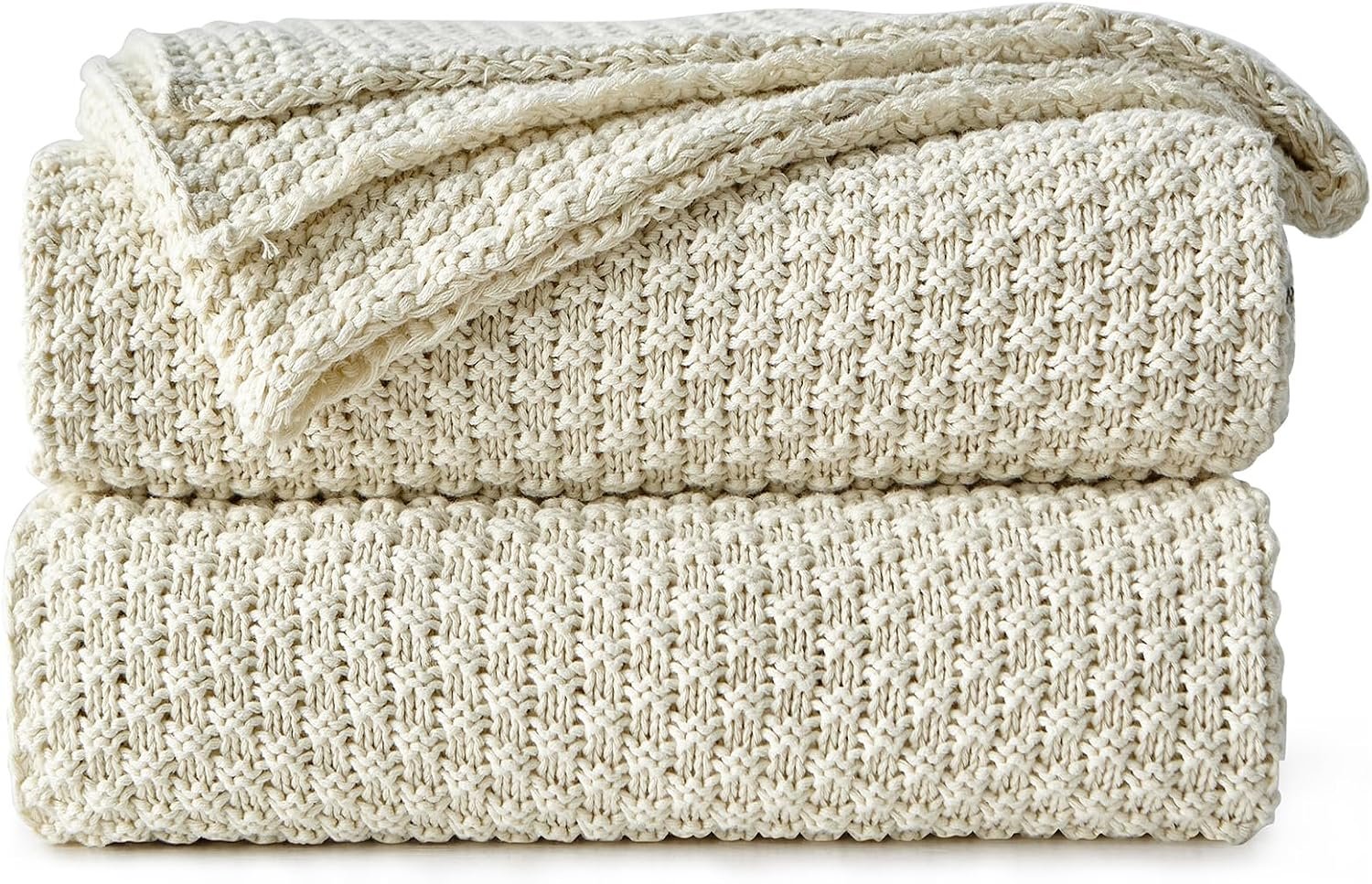 Longhui bedding 100% Cotton Knitted Throw Blanket – Cream, Soft & Cozy, Machine Washable, 51″x63″ – Perfect for Living Room, Couch, Sofa, Bed or Travel
