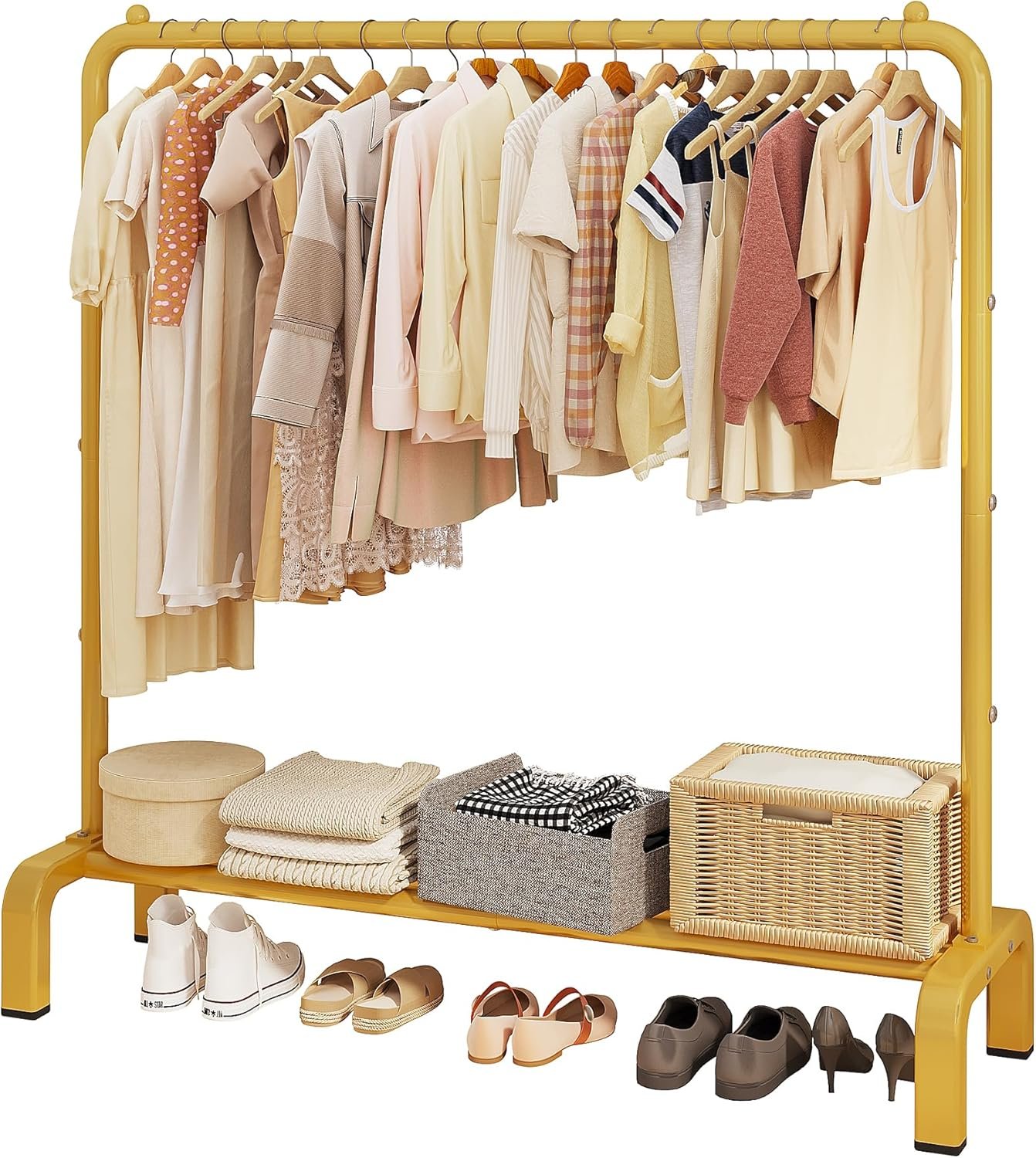 JIUYOTREE Metal 43.3 Inches Garment Rack with Bottom Shelf Clothing Rack for Hanging Clothes Coats Skirts Shirts Sweaters Gold