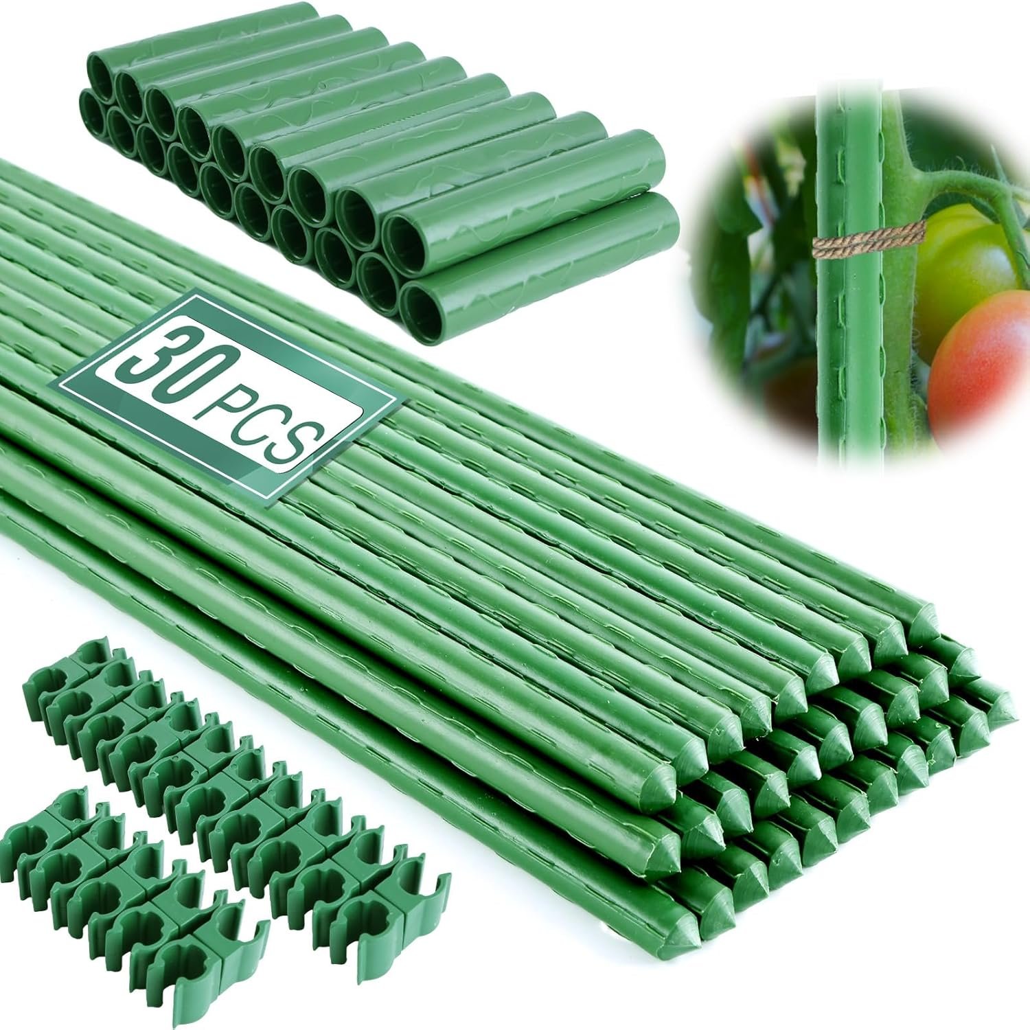 Fabulas Garden Stakes 16 Inch 30 Pack, Diy 4ft 5ft 6ft 7ft 8ft Tomato Stakes Plastic Coated Metal Plant Sticks Stakes Supports with 20 Connectors 15 Rotatable Clips for Indoor Outdoor Plants Vegetable