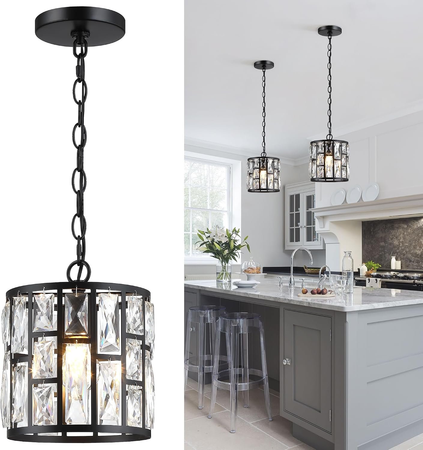 MEXO Modern Crystal Pendant Light,Black Chandelier Light Fixture, Cylinder Adjustable Height Pendant Lights for Kitchen,Dining Room,Living Room,Foyer,Hallway