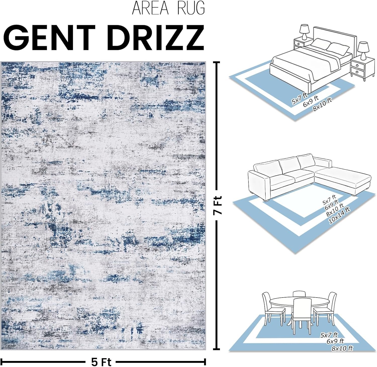 Area Rug Living Room Rugs: 5×7 Large Soft Indoor Carpet Modern Abstract Rug with Non Slip Rubber Backing for Under Dining Table Nursery Home Office Bedroom White Gray Blue
