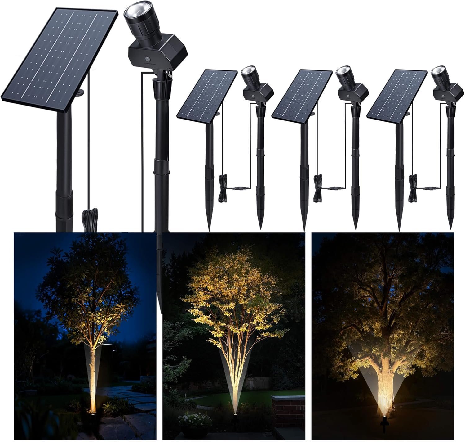 Outdoor Solar Spotlight, Adjustable Angle Landscape Spotlight Waterproof, 2500mAh All Night Separate Panel LED Uplight Dusk to Dawn, 5 Lighting Modes for Outside Patio Wall Path House 4 Pack