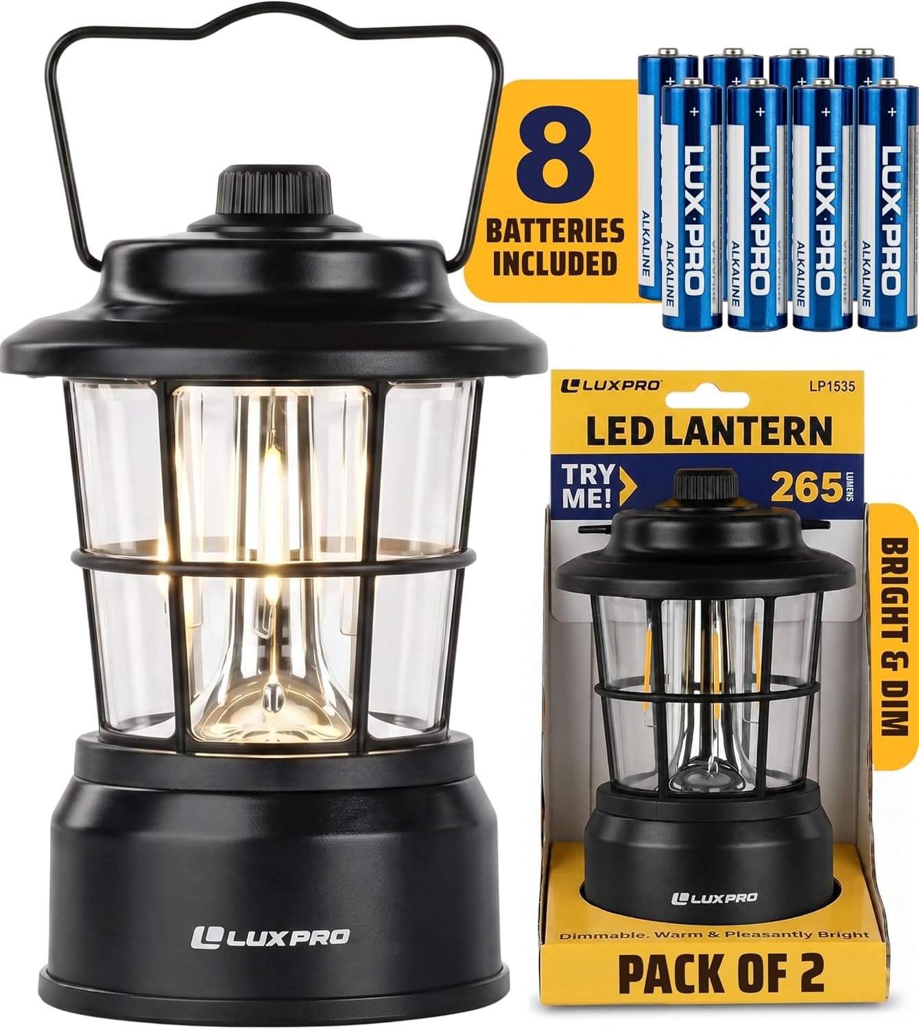 LUXPRO Retro LED Lantern – Battery-Powered Emergency Lantern – Water Resistant – Bright LED Lamp for Indoor & Outdoor Use – Use for Tents, Hiking or Hurricane Prep (Black, Pack of 2)