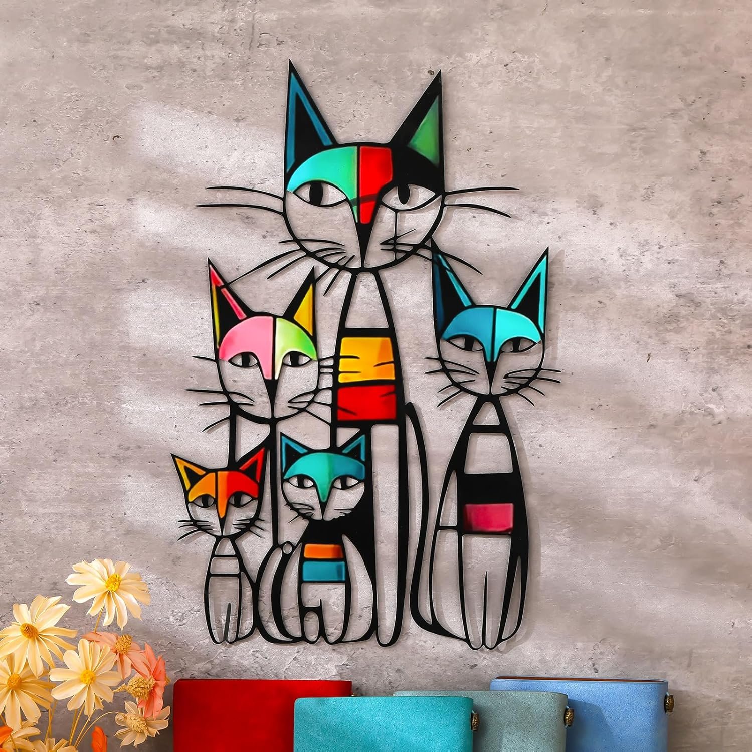 Wesiti Cat Wall Art Decor Iron Wall Sculptures Decor for Cats Lover 10.6 x 15.7 Inches Colorful Retro Mid Century Cat Signs for Home Living Room Bedroom Kitchen Office(Classic)