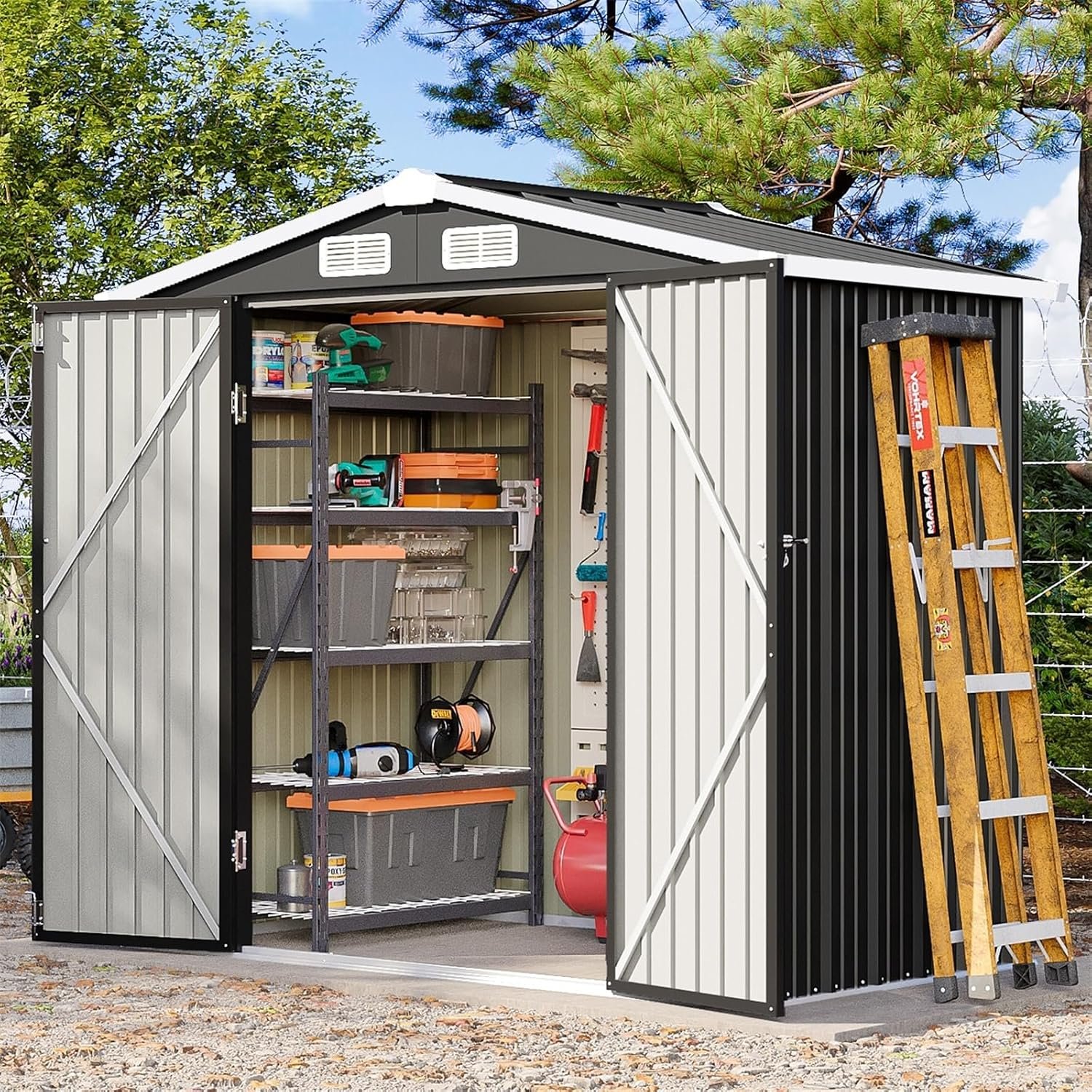 6x4FT Outdoor Storage Shed, Metal Garden Tool Shed with Sloping Roof & Lockable Door for Patio Lawn Backyard (Black, 6x4FT)