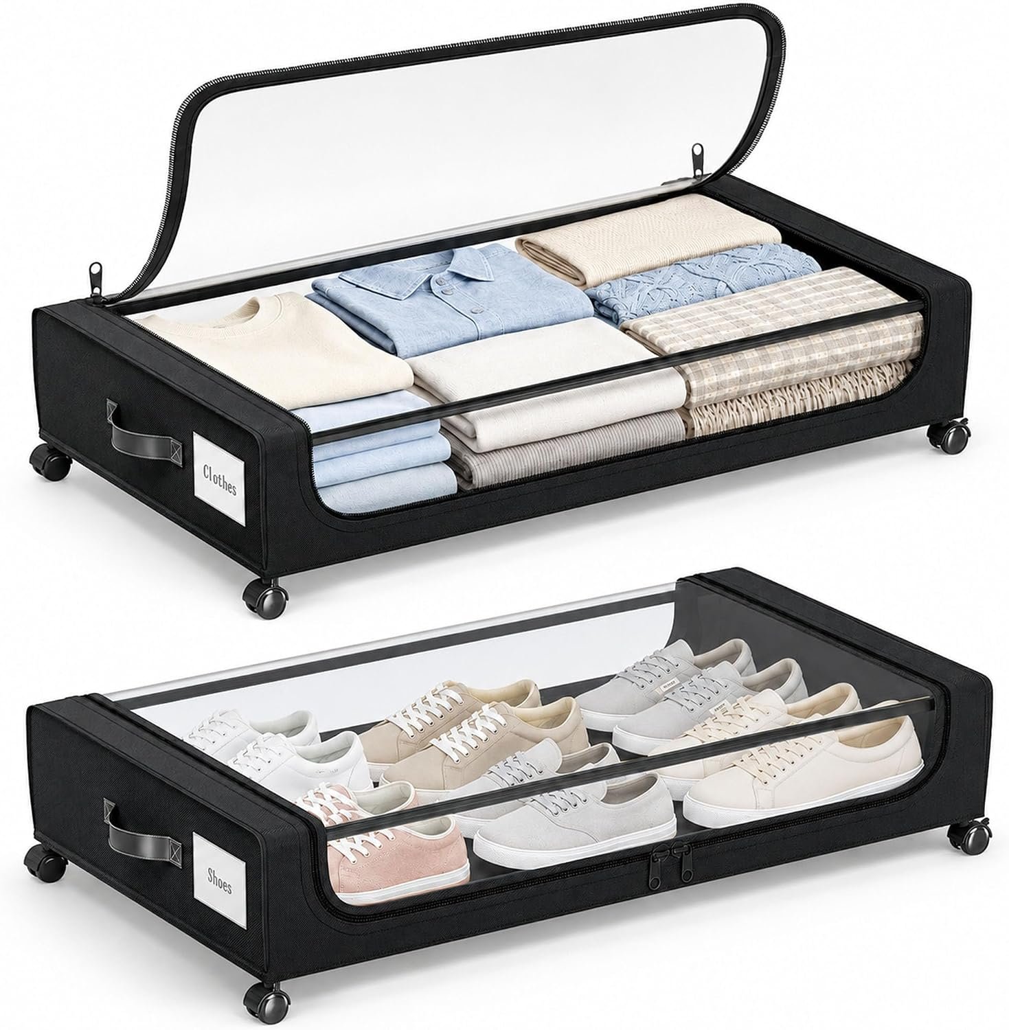 Camkey® Under Bed Storage with 360° Wheels, 2-Pack, 60L Low-Profile Rolling Underbed Bins for Clothes, Shoes, Toys & Books,Easy Pull-Out, Dust Protection, Space-Saving Organizer for Bedroom/Dorm,Black