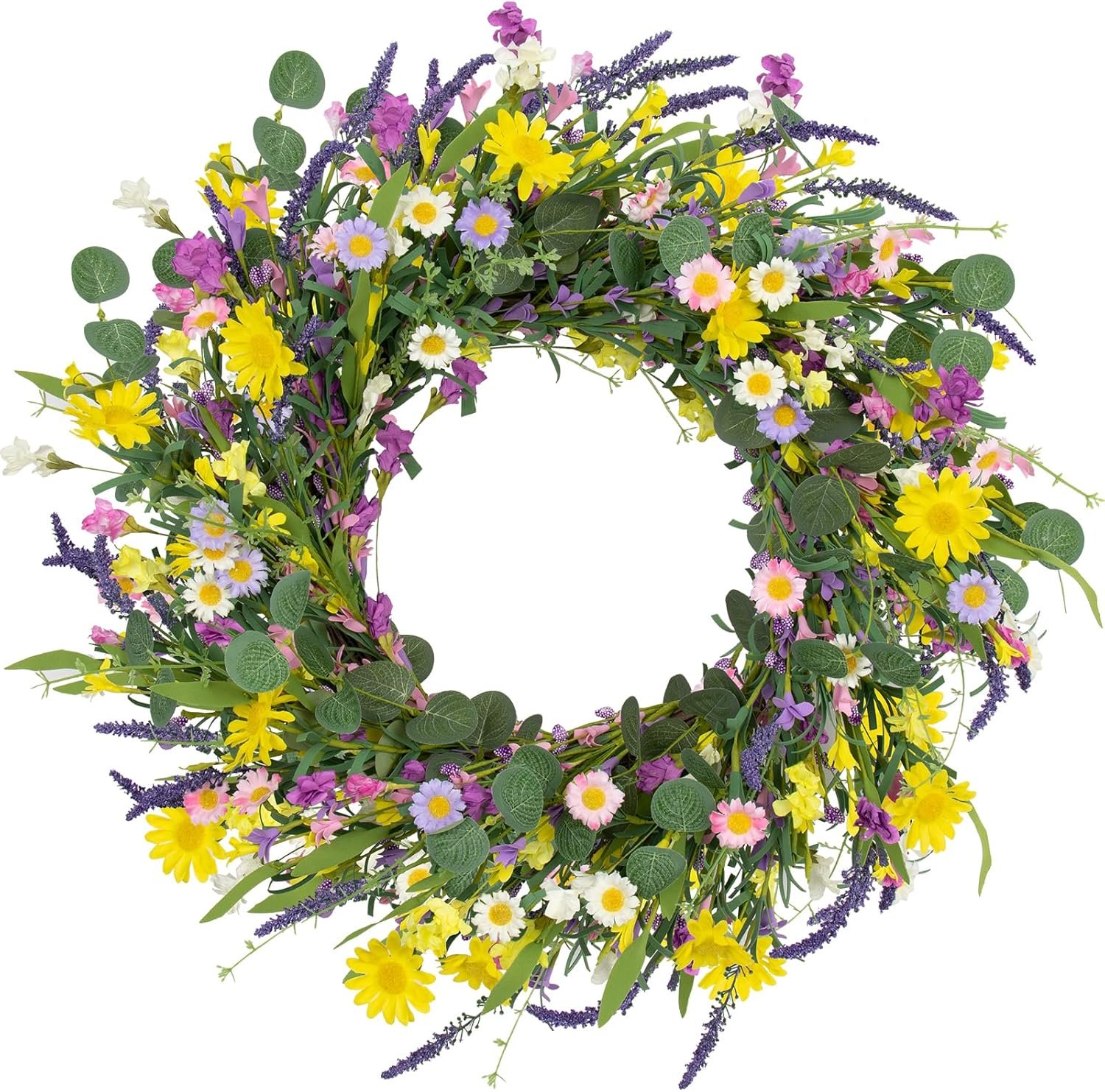 J’FLORU Spring Wreaths for Front Door 22 Inch Artificial Summer Wreath Daisy and Lavender Wreath with Wildflowers for Home Wall Farmhouse Springtime Easter Holiday Party