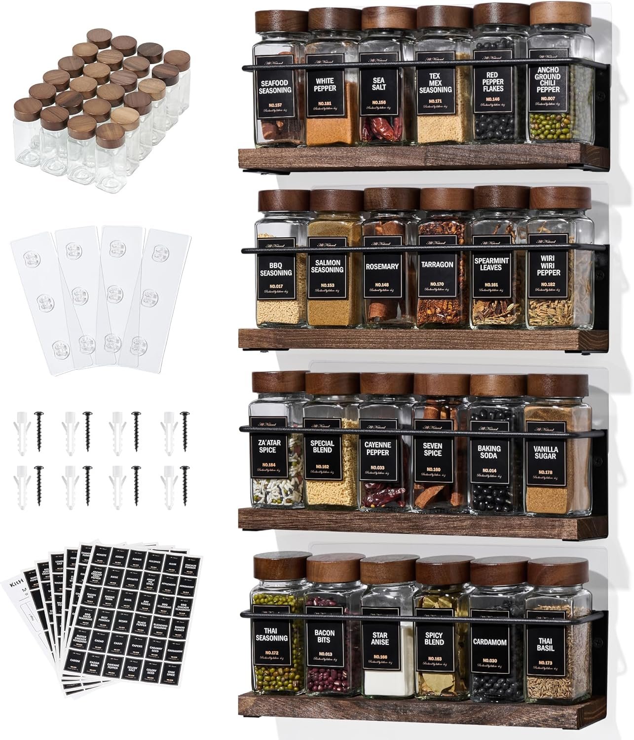 4-Tier Wall Mount Spice Rack Organizer with 24 Glass Jars, 216 Labels & Funnel – Screw/Adhesive Mount, Black Metal & Wood Spice Storage for Kitchen Pantry Cabinet, 11.6”L x 2.4”W x 3.2”H