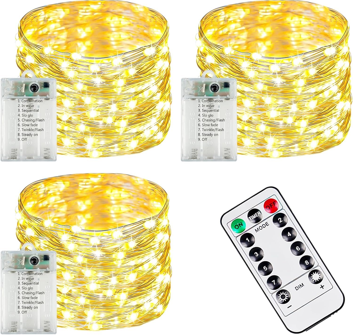 3 PK 78FT 240LED Fairy Lights Battery Operated with Timer Remote Warm White | 8 Modes, Waterproof Wire, Timer & Memory, Twikle String Lights for Indoor Outdoor Classroom Christmas Tree Party Home Decor