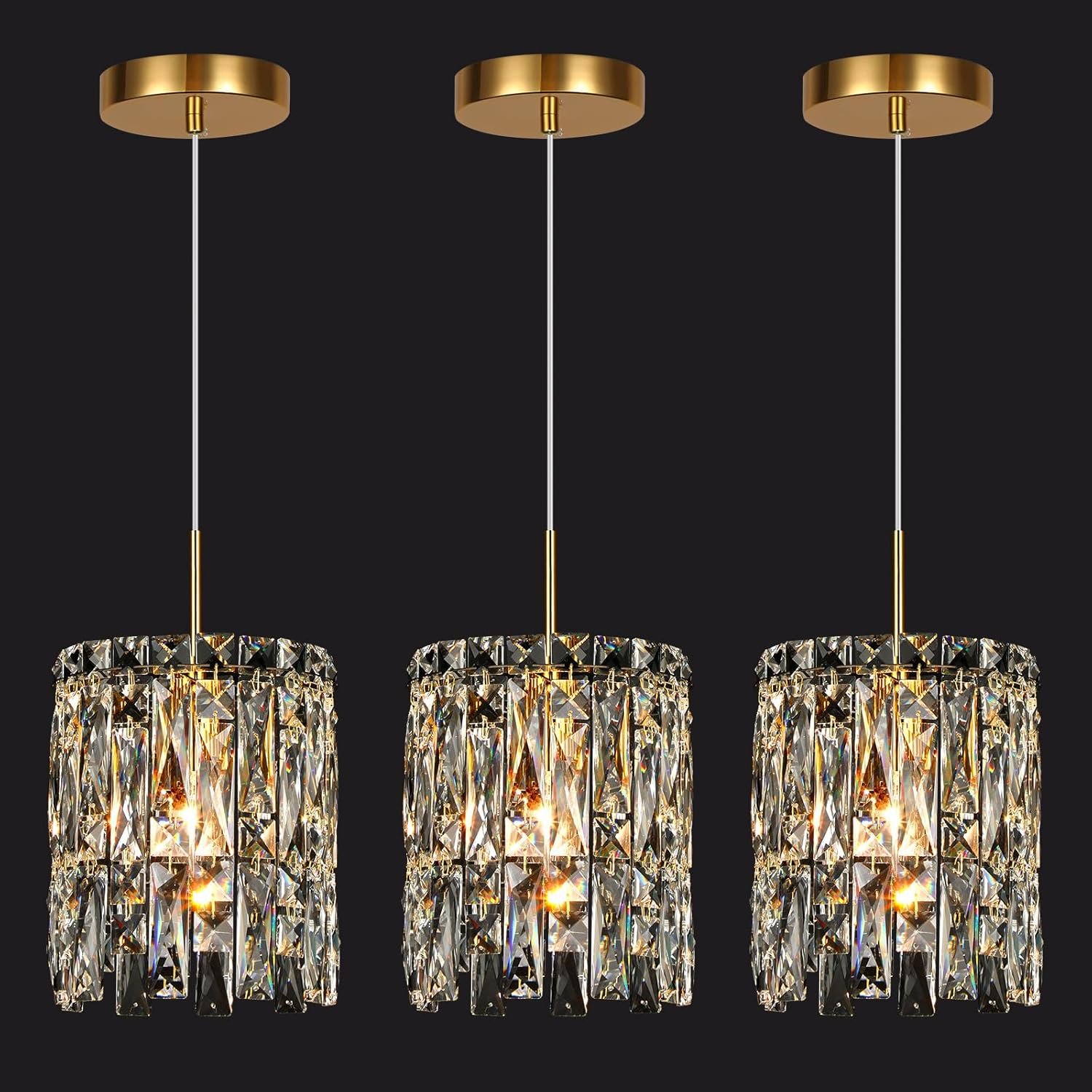 Modern K9 Crystal Pendant Lights Kitchen Island Set of 3,Gold Chandeliers for Dining Room Light Fixtures Over Table,Hanging Chandelier for Kitchen Island Entryway Bathroom BedHead Bedroom