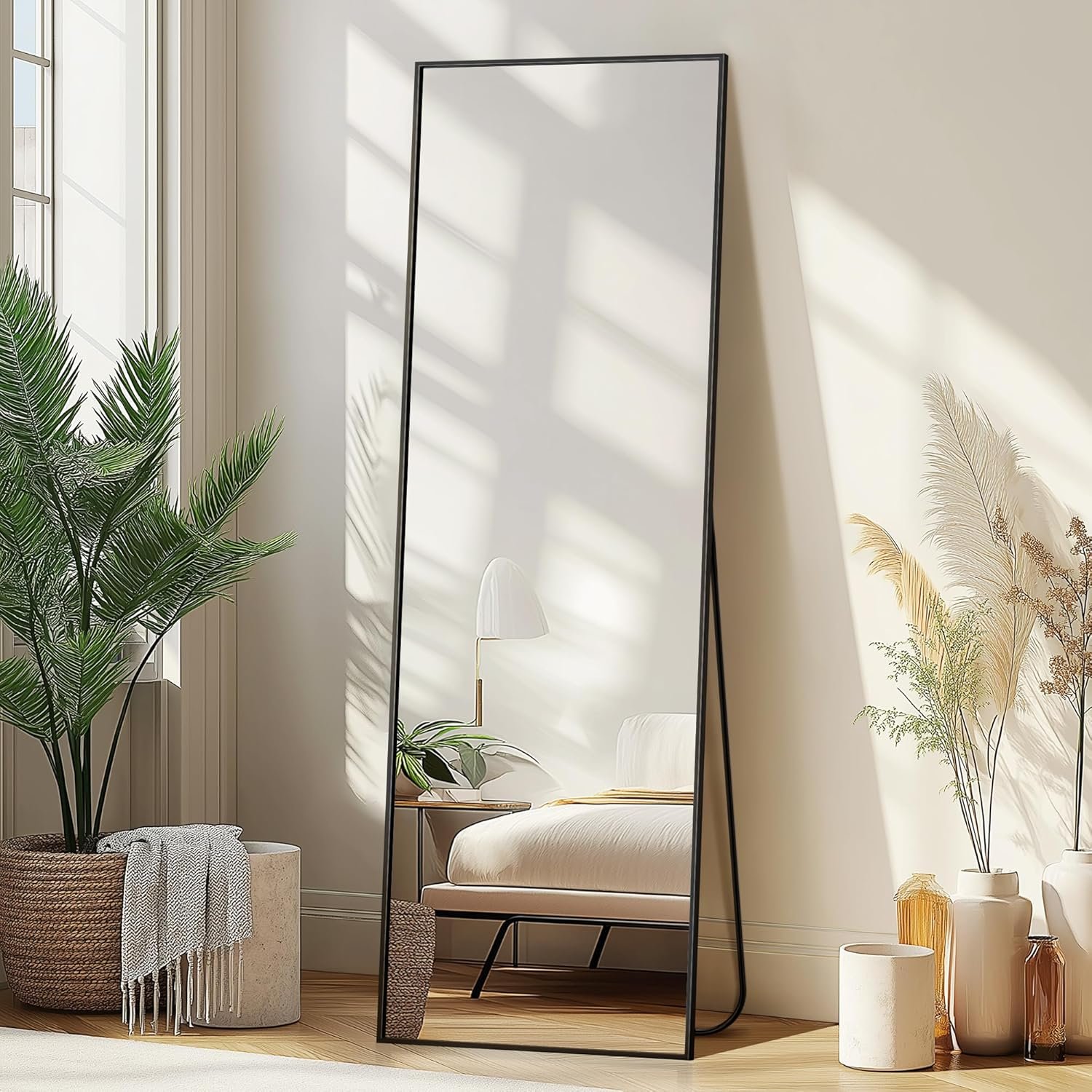 Delma Wall Full Length Mirror,Standing Mirror Full Body,Large Floor for Wall Door Bedroom Bathroom Living Room with Aluminium Frame(with Stand,56×15-Black)