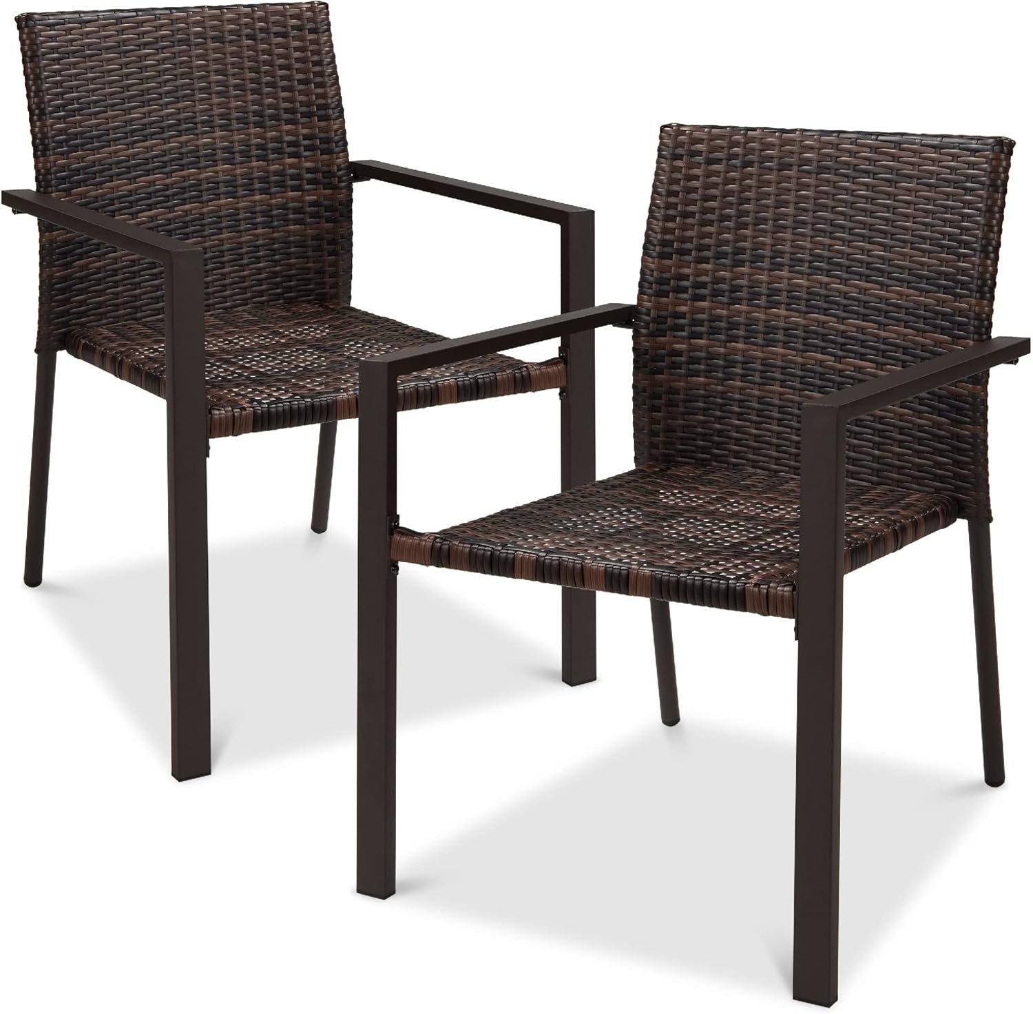 Best Choice Products Set of 2 Stackable Outdoor Wicker Dining Chairs All-Weather Firepit Armchair w/Armrests, Steel Frame for Patio, Deck, Garden, Yard – Brown