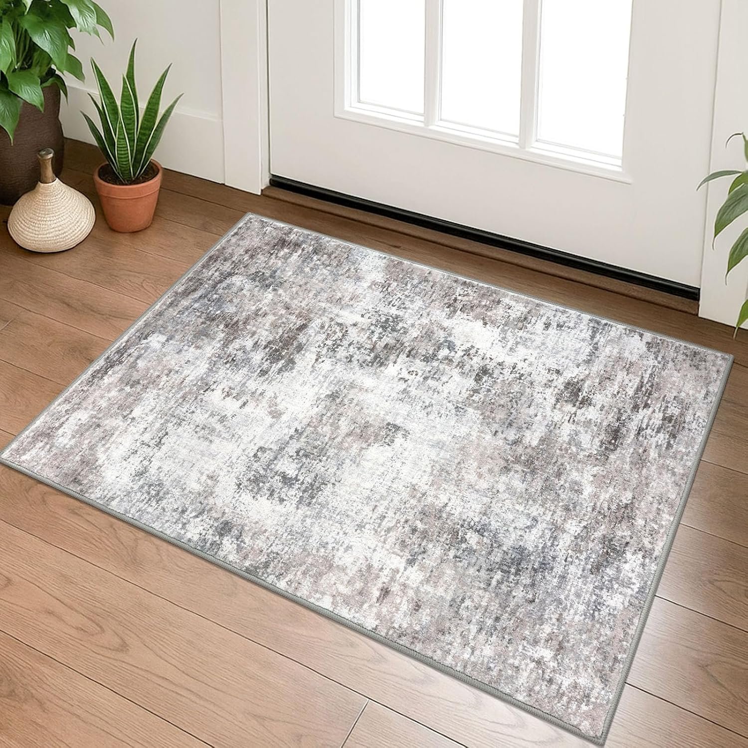 Lansny Small Abstract Area Rug 2×3 Entryway Rug Washable Door Mat Indoor Entrance, Washable Throw Rugs Non-Slip, Soft Beige Grey Kitchen Rugs Thin Print Faux Wool Floor Carpet for Foyer Front Door