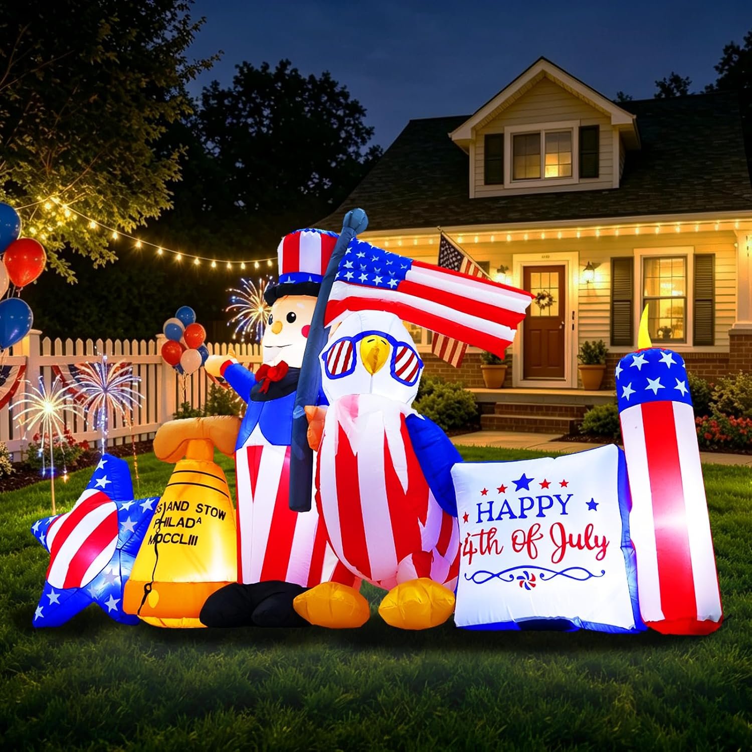 10.7FT Long 4th of July Inflatables Outdoor Decorations, Patriotic Independence Day Inflatable Uncle Sam Combo, Built in LED Lights Holiday Blow Up for Party Garden Yard Lawn Decor