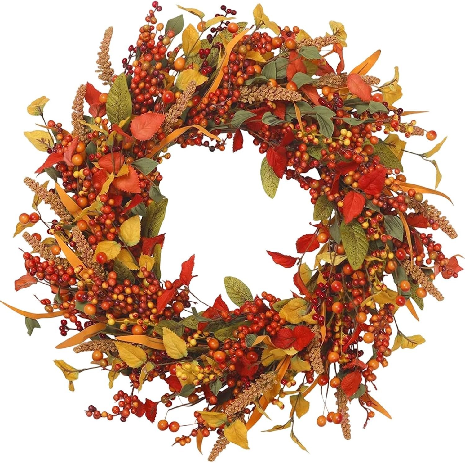 16″ Fall Wreaths for Front Door, Artificial Fall Wreath for Outside Indoor Wall Window Festival Thanksgiving Harvest Fall Decor (Orange)