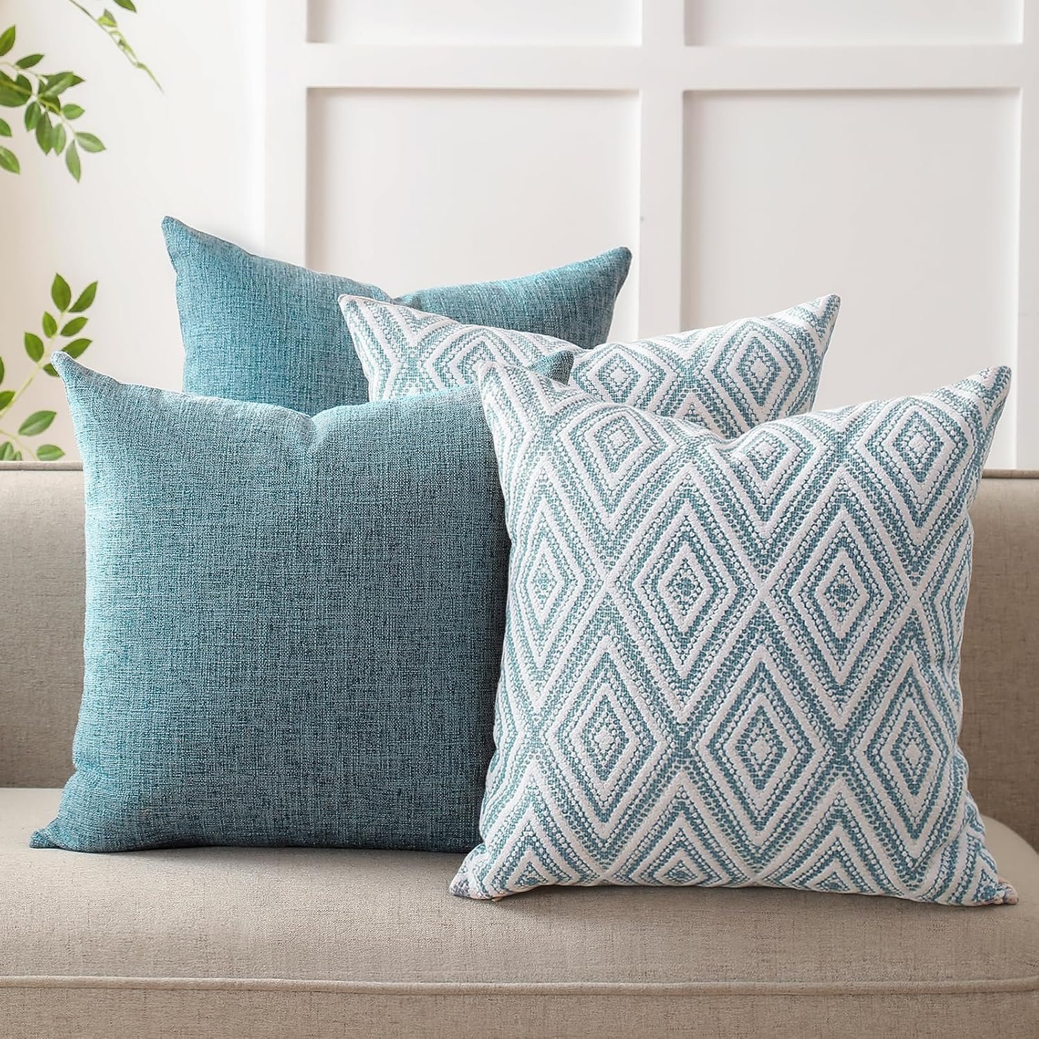 HPUK Throw Pillow Covers 18×18 Inch Set of 4, Blue Linen-Textured Decorative Pillow Covers, Square Accent Cushion Covers for Couch Sofa Bed Bedroom Living Room Decor, Covers Only