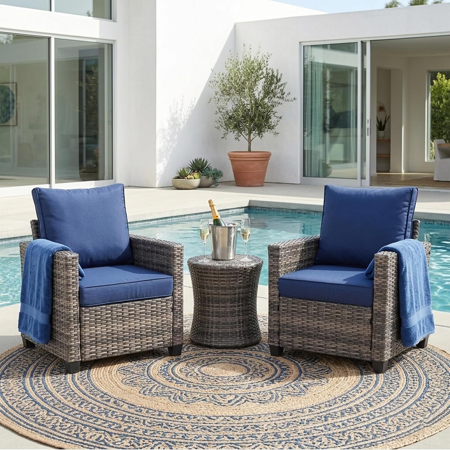 2 Piece Outdoor Patio Sofa Chairs Set, Wicker Armchairs with 4.3″ Thick Cushions & High Backrests, All-Weather Rattan Porch Chairs, Patio Furniture Set for Balcony, Deck,(Blue)