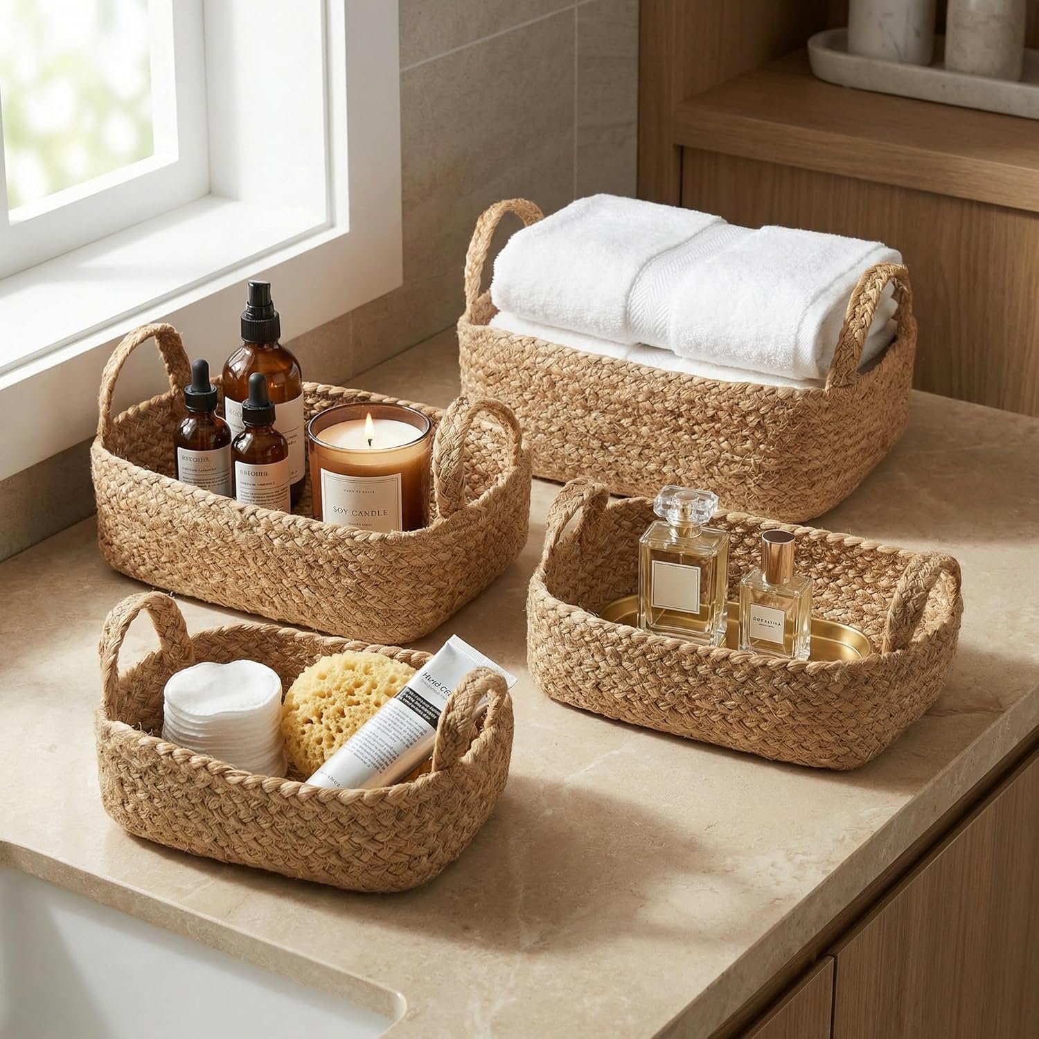 Beautiful Storage Basket Set of 4 – Natural Jute Rope Baskets for Shelves Are Perfect for Organizing Your Home – Quality Storage Bins Easily Fit With Any Nursery or Bedroom Decor