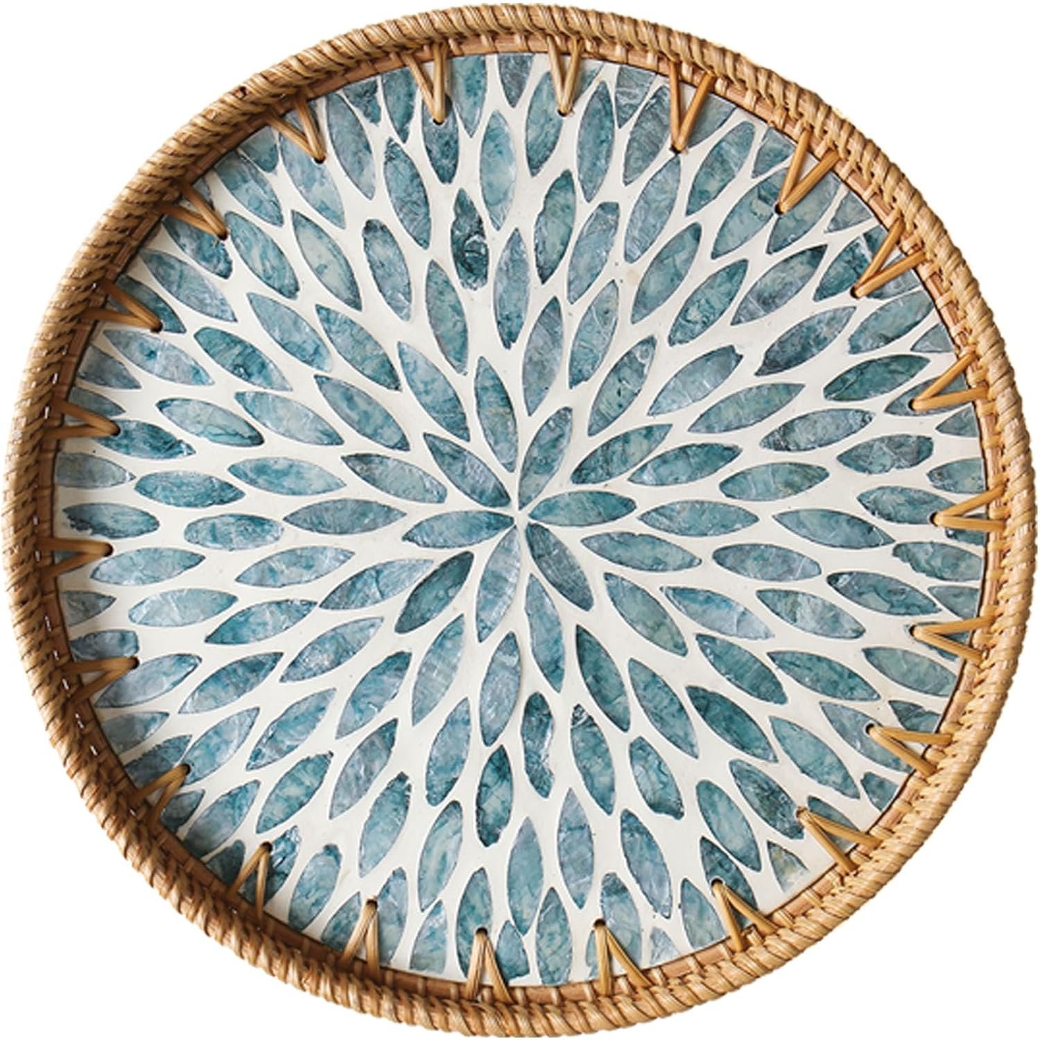 Round Rattan Tray with Mother of Pearl Inlay, Wooden Base | Coffee Table Serving Tray, Home Decorative Wicker Woven, for Outoor Patio Decor