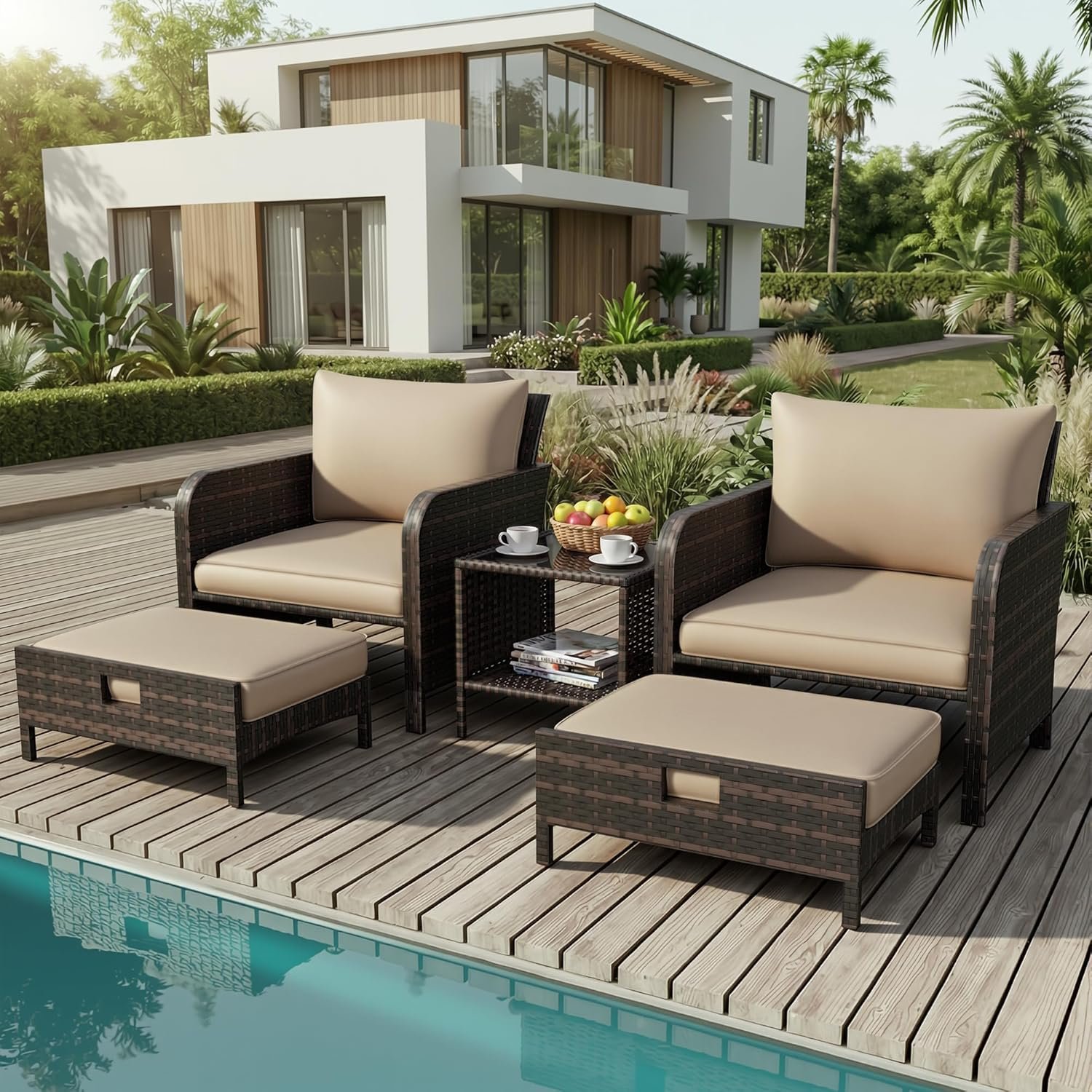 LEVELEVE Patio Conversation Set 5 Piece, Balcony Furniture Outdoor PE Rattan Wicker Lounge Chairs with Soft Cushions, 2 Ottomans & Glass Table for Porch Lawn, Brown (Khaki Cushions