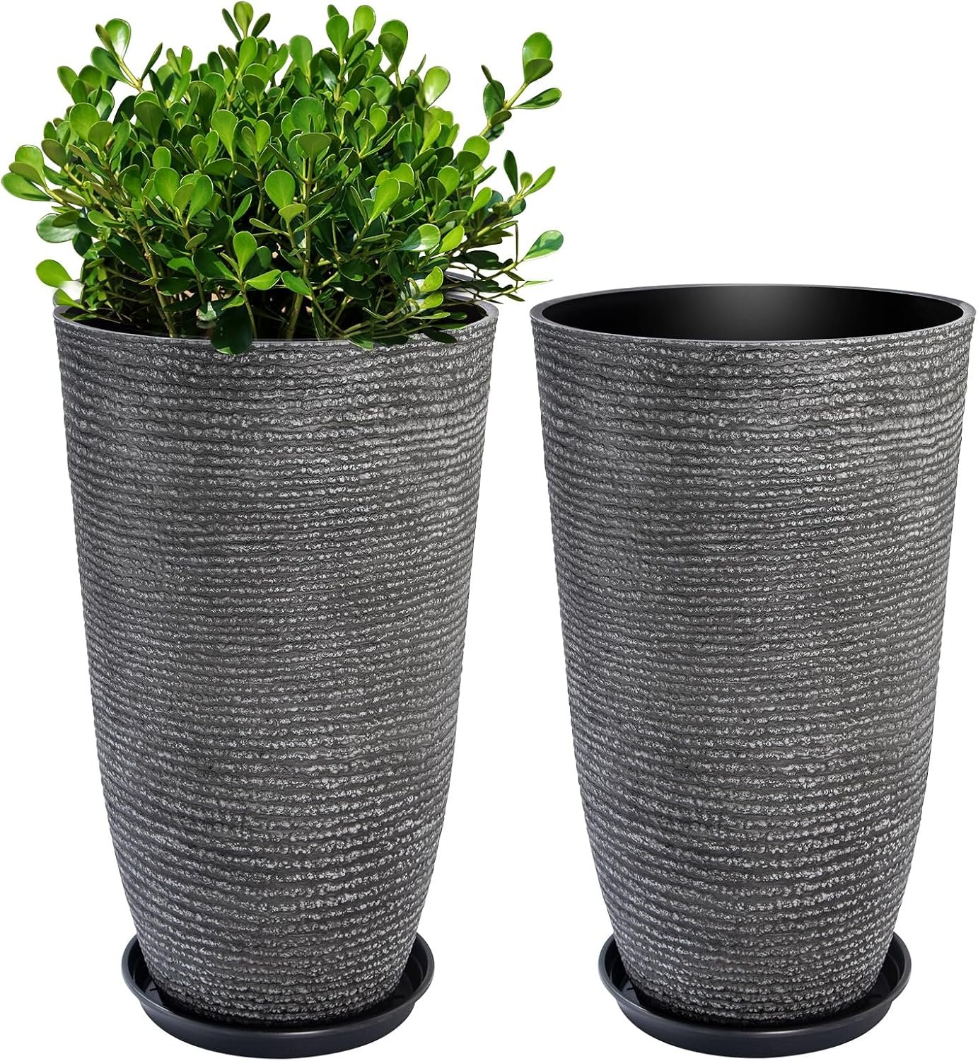 QCQHDU Large Tall Dark Gray Planters Set of 2-9 Gallon 12″ Round Outdoor Planters for Front Door & Patio, Faux Stone Indoor Plant Pots with Tray, Porch Decor Plant Containers