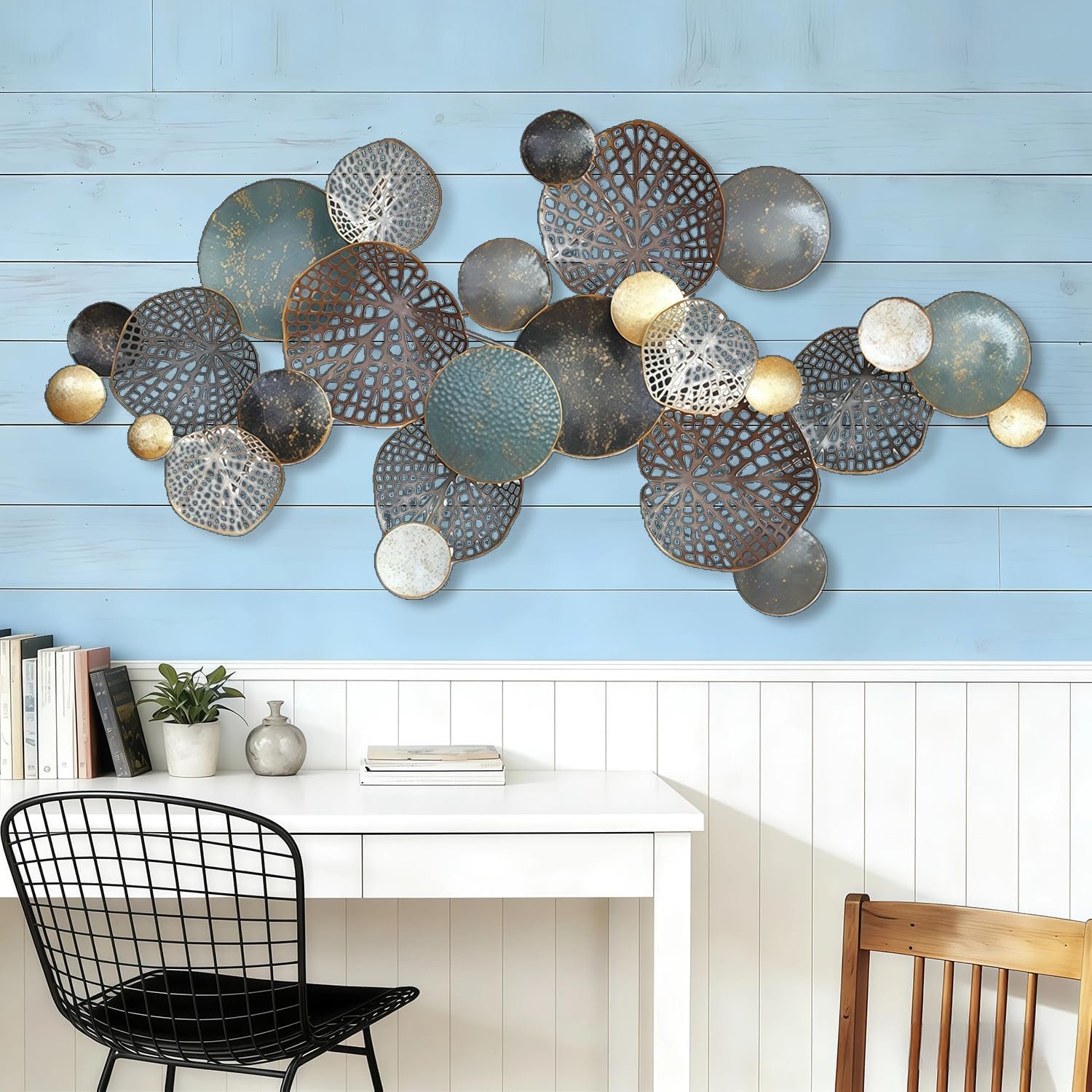 ZZYYZZ Large Metal Wall Decor, Boho Lotus Leaf Metal Wall Decoration, 3D Stacked Flower Wall Art Décor, Nautical Coastal Outdoor Wall Decor, for Living Room Bedroom Dining Room, 52.5″ x 26.5″