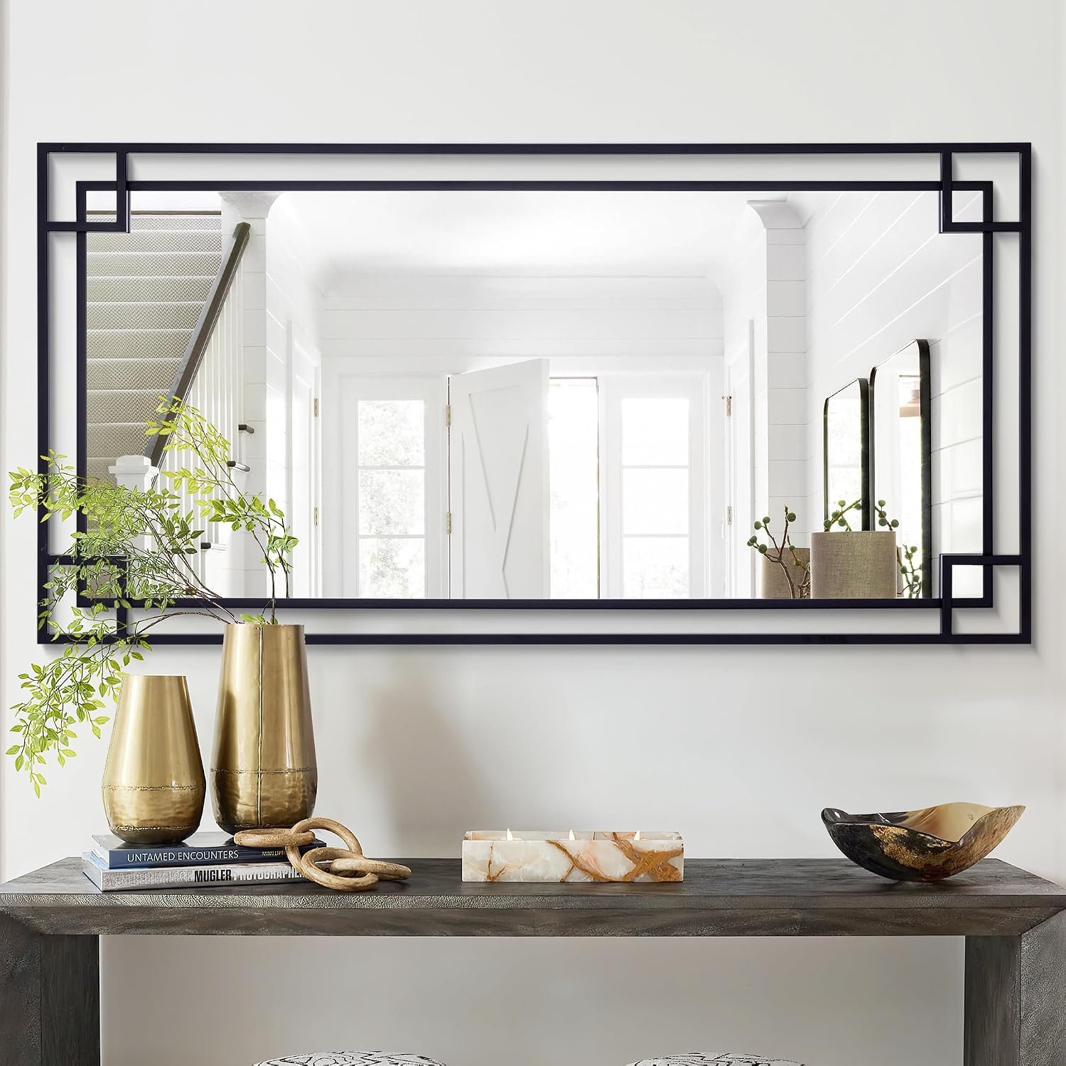 Chende 24”x47” Large Living Room Mirror for Wall with Metal Frame, Modern Rectangular Black Mirror for Bathroom, Fireplace, Sofa, Horizontal/Vertical Hanging