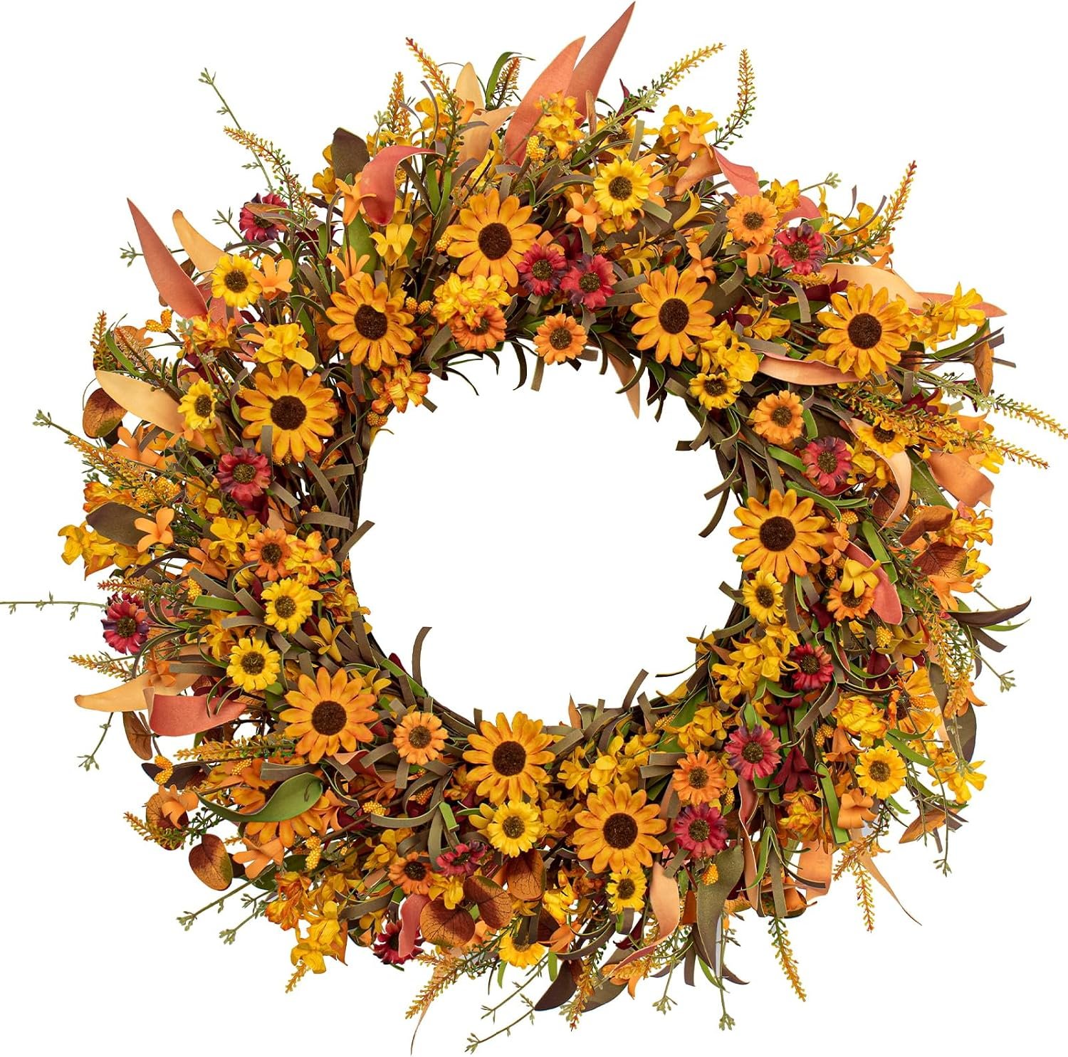 J’FLORU Artificial Fall Wreath 22 Inch Fall Wreaths for Front Door Autumn Porch Farmhouse Thanksgiving Day Harvest Festival