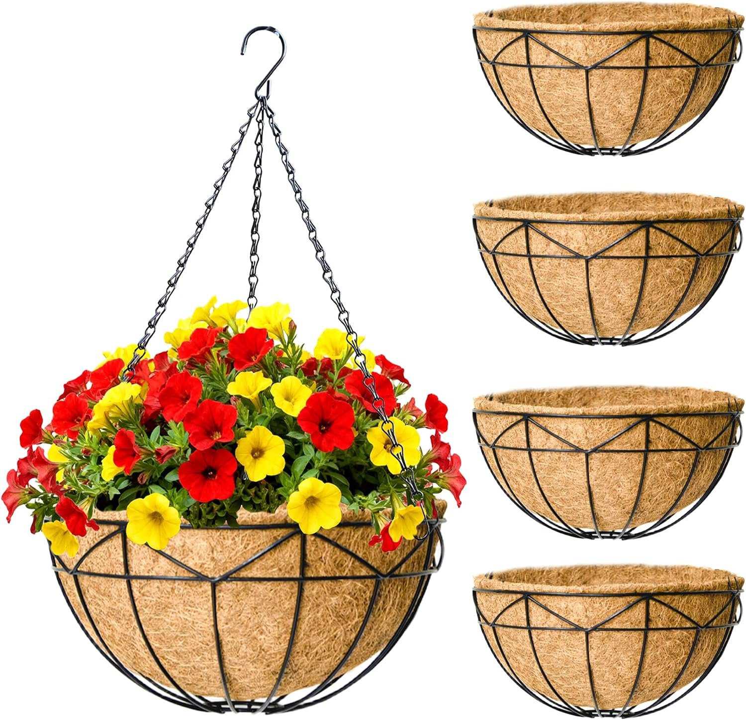 4 Pack 12 Inch Black Wire Hanging Planter with Coir Fiber Outdoor Round Hanging Basket with Metal Chain for Balcony Porch Farmhouse Country Style Garden Decor (Geometric)
