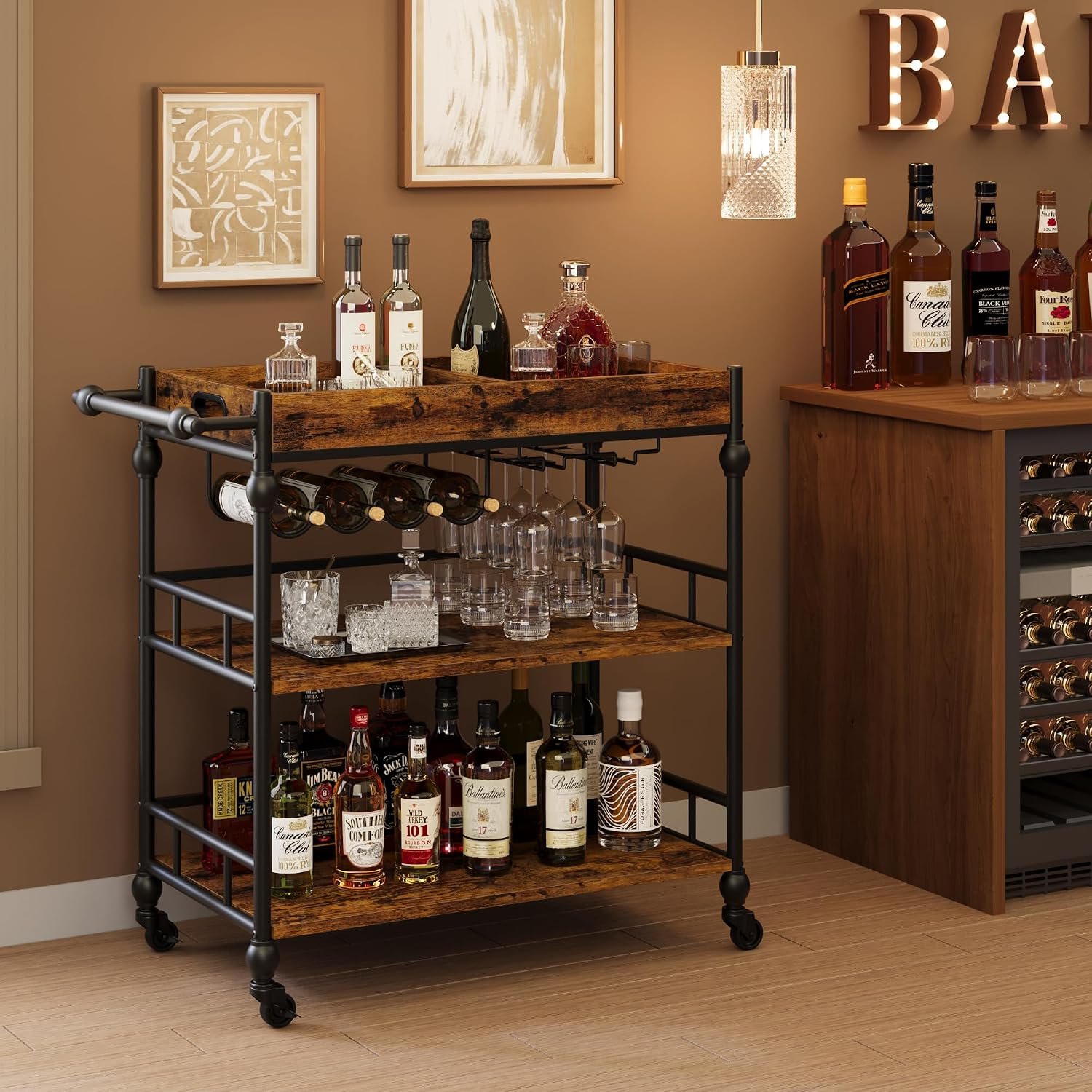 GarveeHome Bar Cart with Wheels, 3-Tier Serving Cart for Home, Mobile Rolling Beverage Cart with Wine Rack and Removable Tray for Kitchen, Dining, Living Room, 35.4″ x 15.7″ x 34.1″, Rustic Brown