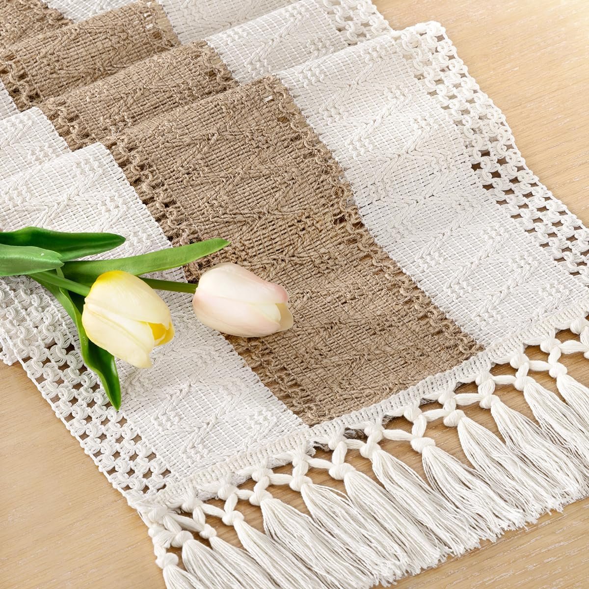 Socomi Boho Table Runner Summer Farmhouse Rustic Dining Kitchen Centerpiece Decor Small Macrame Woven Cotton Linen Coffee Table Runner for Dresser Scarf Home Decor 12×36 inch