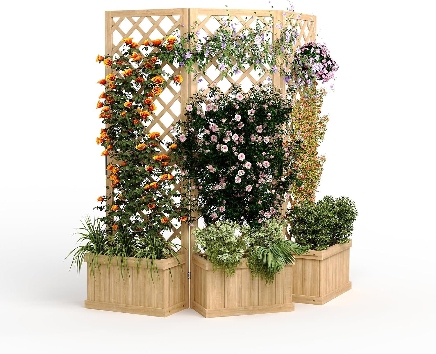 Cedar Privacy Screen with Planter Box – 3-Panel Freestanding Garden Fence, 62 in x10 in x65 in Tall Outdoor Divider with Drain Holes & Raised Bed for Patio, Deck & Backyard (Natural Wood)