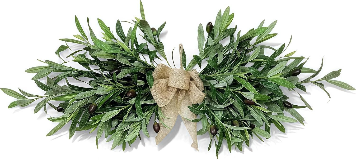 26″ Farmhouse Olive Greenery Swag with Burlap Bow – Full Artificial Olive Leaf Swag for Front Door, Wall, Mantel & Table Décor, Realistic Year-Round Greenery Decoration (Green 1Pcs)