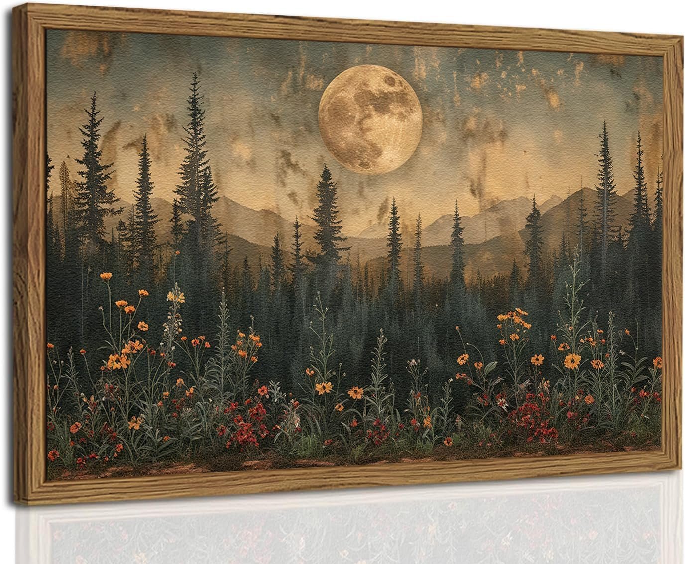 Vintage Nature Forest Wall Art Dark Moon Landscape Painting Wall Decor Woodland Picture Artwork 3D Textured Hand Drawn Sandstone for Farmhouse Bedroom Living Room 12×16 inch Wood Framed
