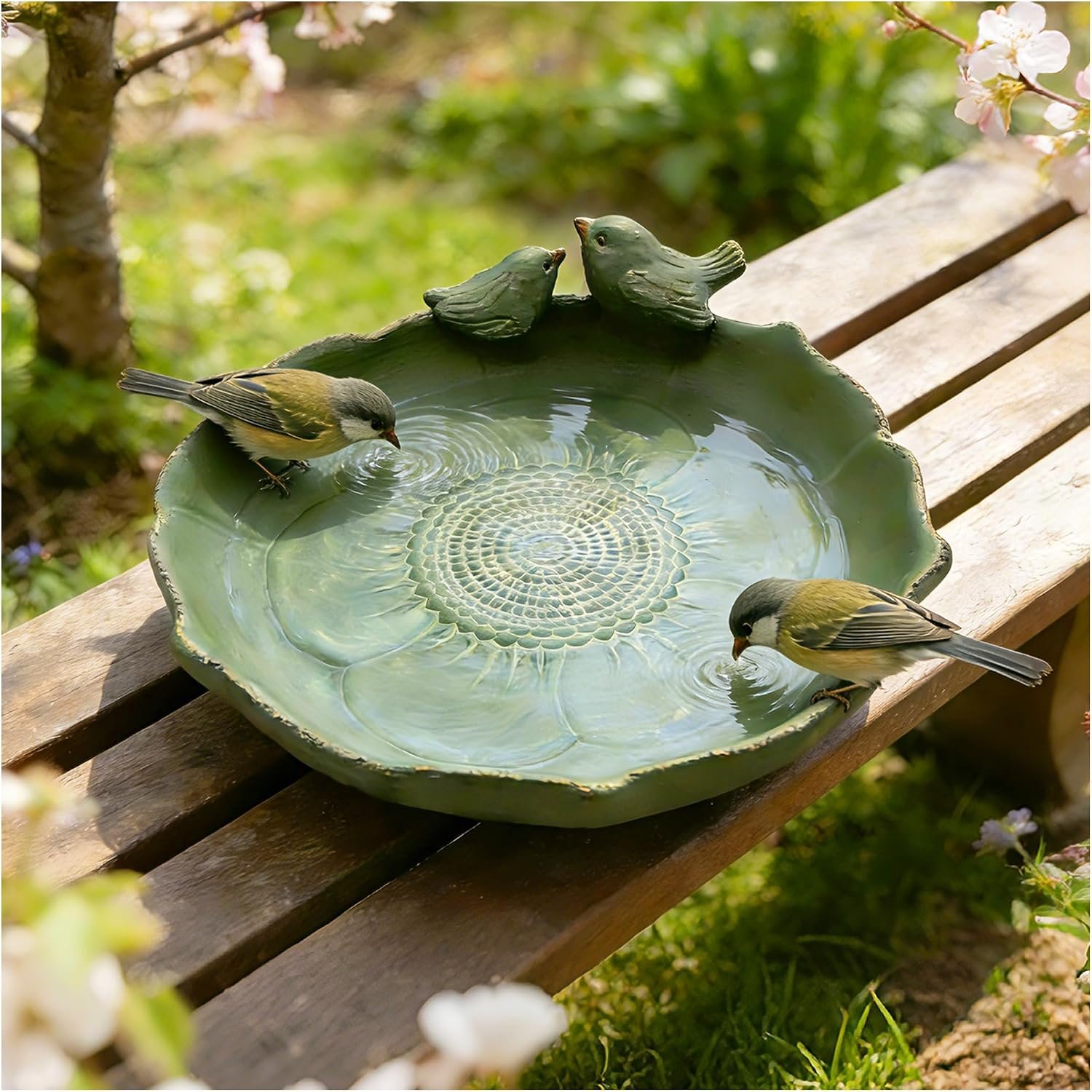 Ceramic Bird Bath for Outside, 9.45 Inch Ground Bird Bath Bowl with Double Bird Design, Outdoor Birdbath for Garden, Tabletop, Deck, Balcony, Lawn (Light Green)