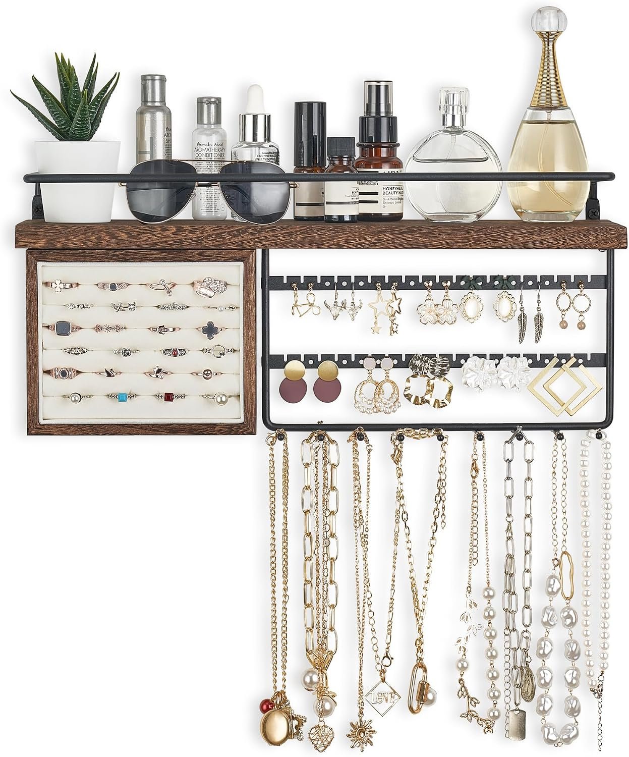 Mkono Hanging Jewelry Organizer Wall Mounted Jewelry Organizer Necklace Holder with Rustic Wood Shelf, Ring Display Box, Ear Studs Earring Holder Bracelet Organizer (Brown)