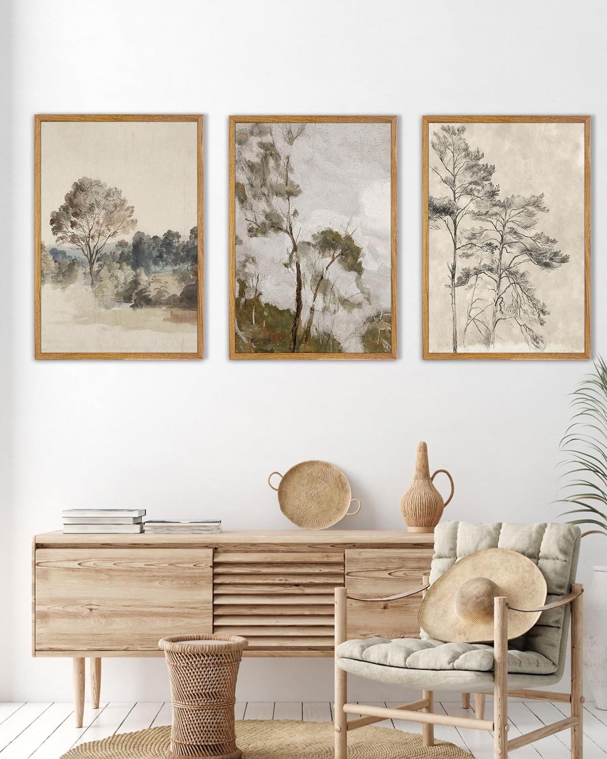 UPWOIGH 16×24 Framed Landscape Wall Art Set of 3 | Vintage Muted Landscape Prints, Tree Botanical Design, Farmhouse Aesthetic, Living Room Bedroom Décor